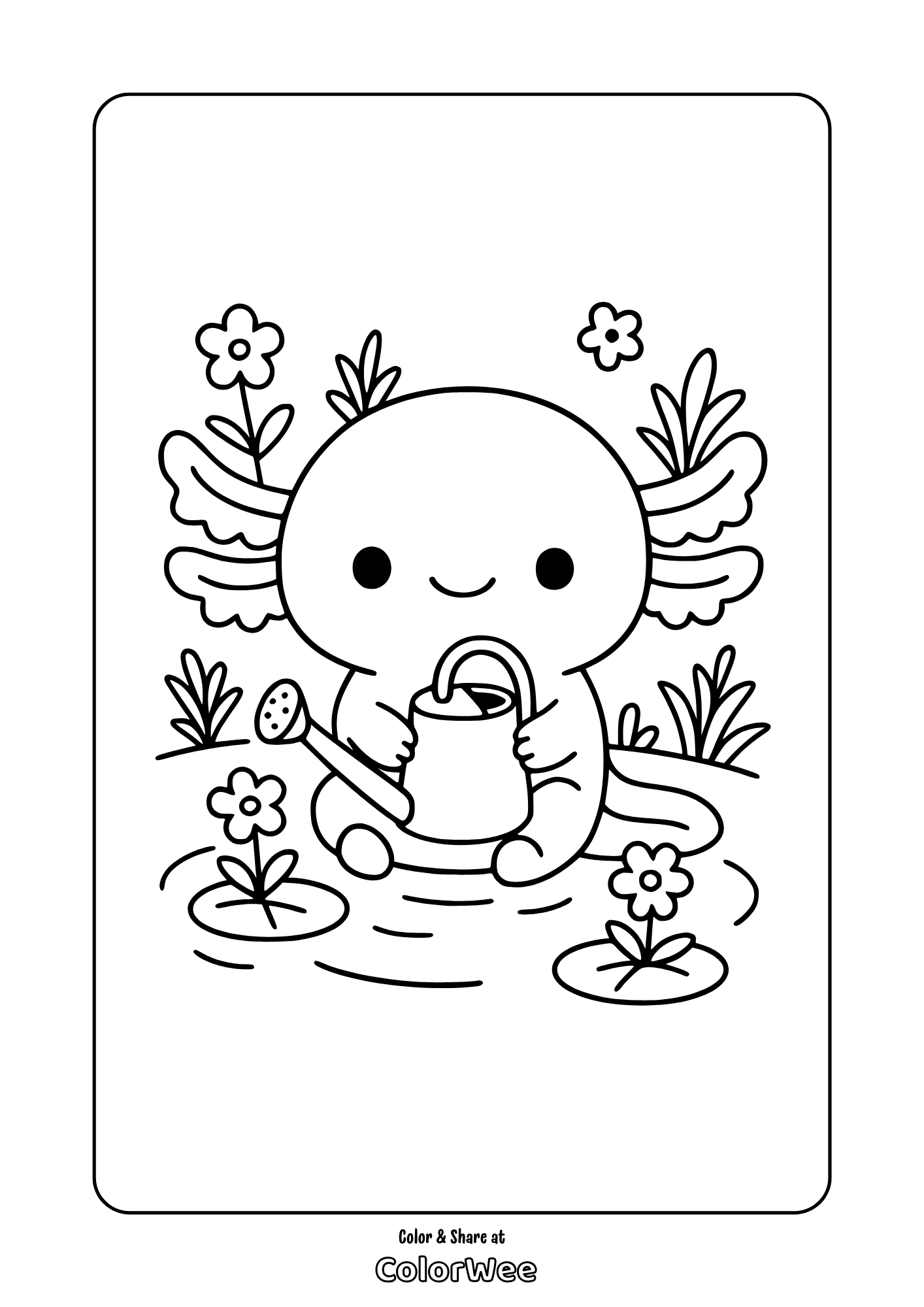 Cute kawaii axolotl watering flowers coloring page.