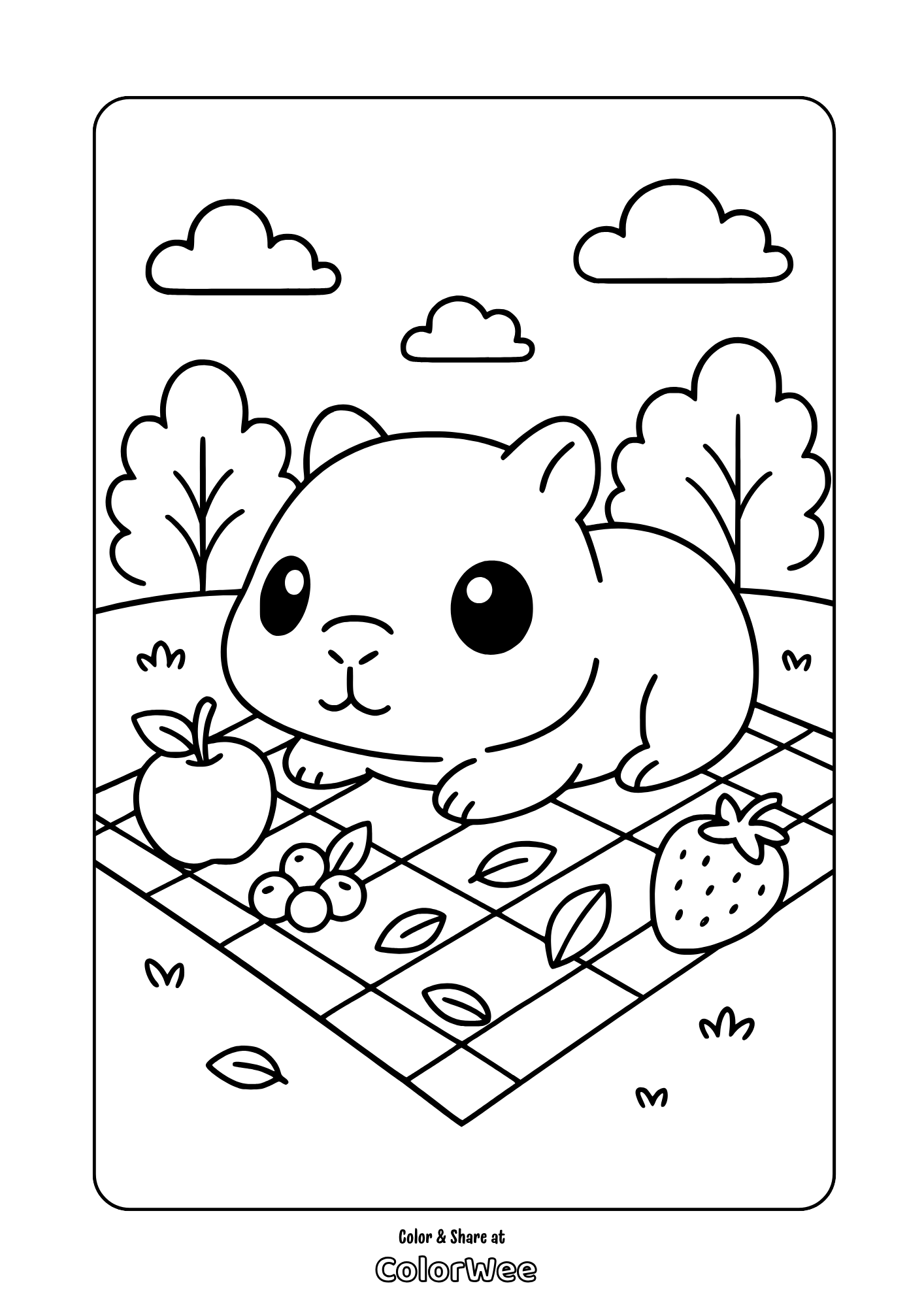 Cute kawaii capybara enjoying a picnic with fruits, trees and clouds in background.