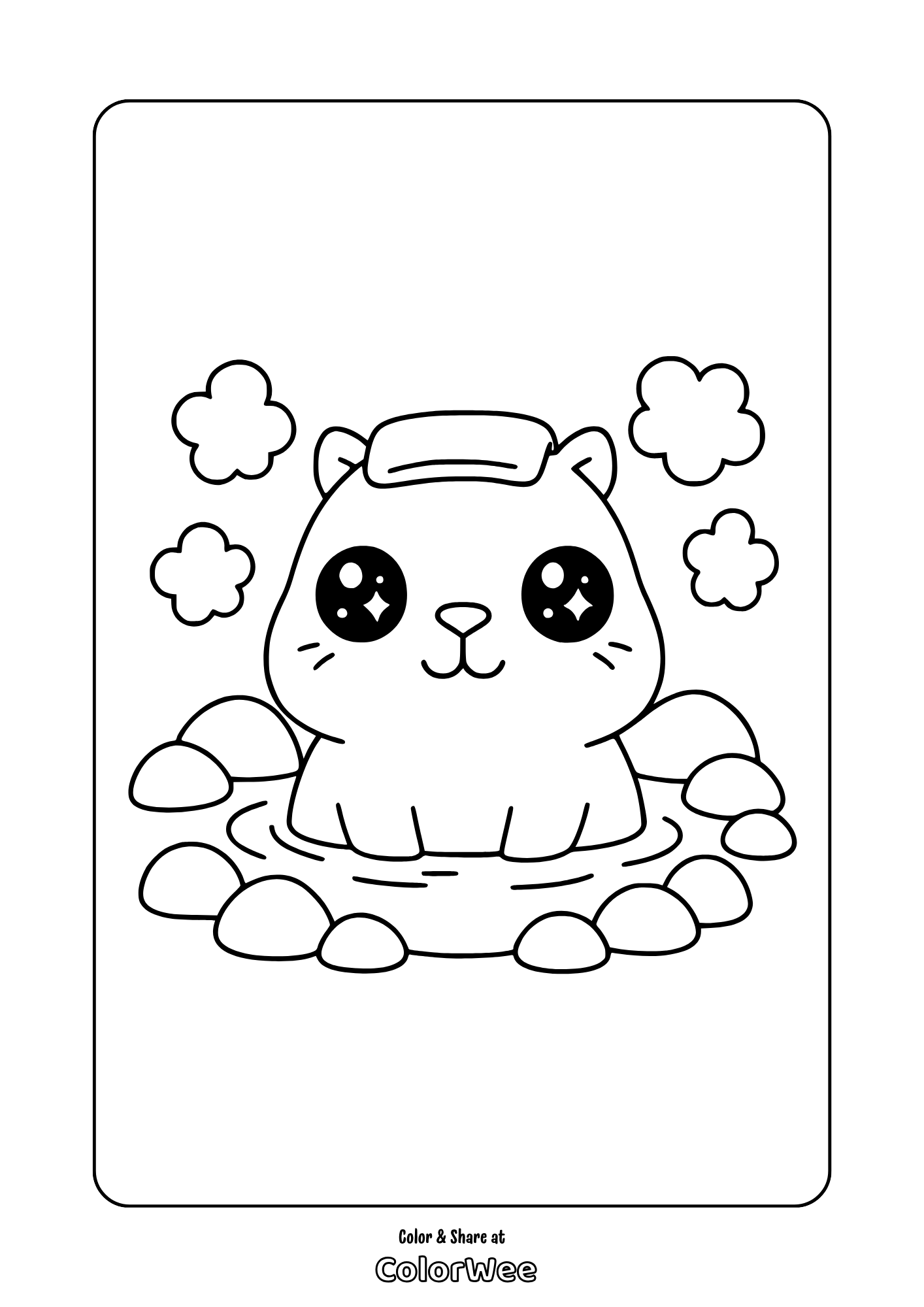 Cute kawaii capybara in hot spring coloring page with steam and rocks.
