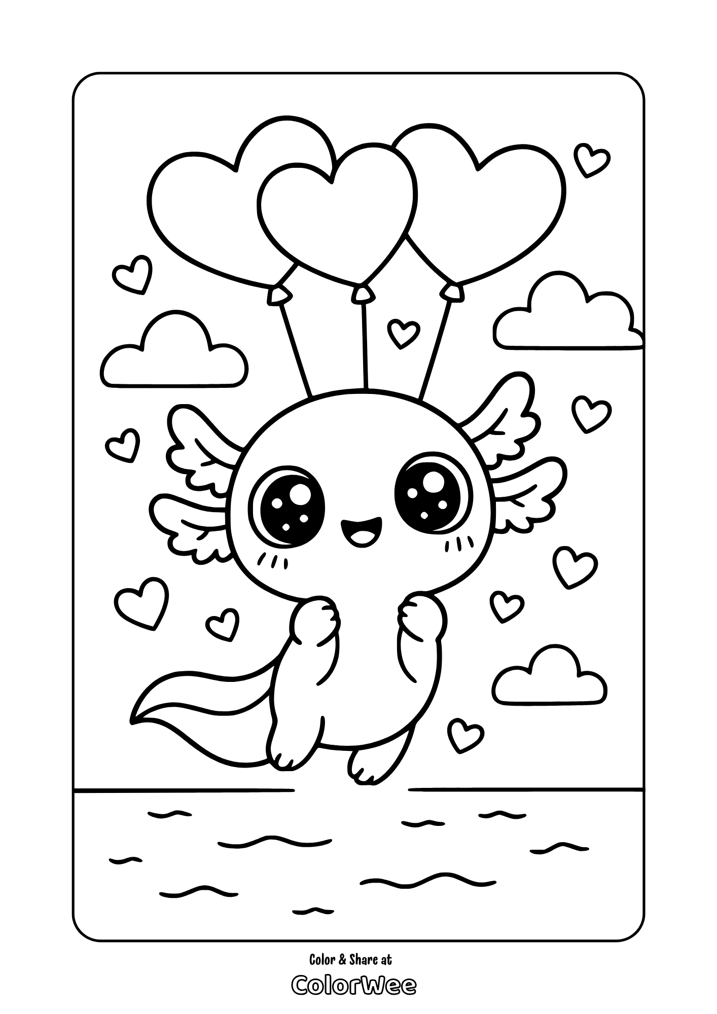 Cute valentine axolotl with heart balloons in sky coloring page.