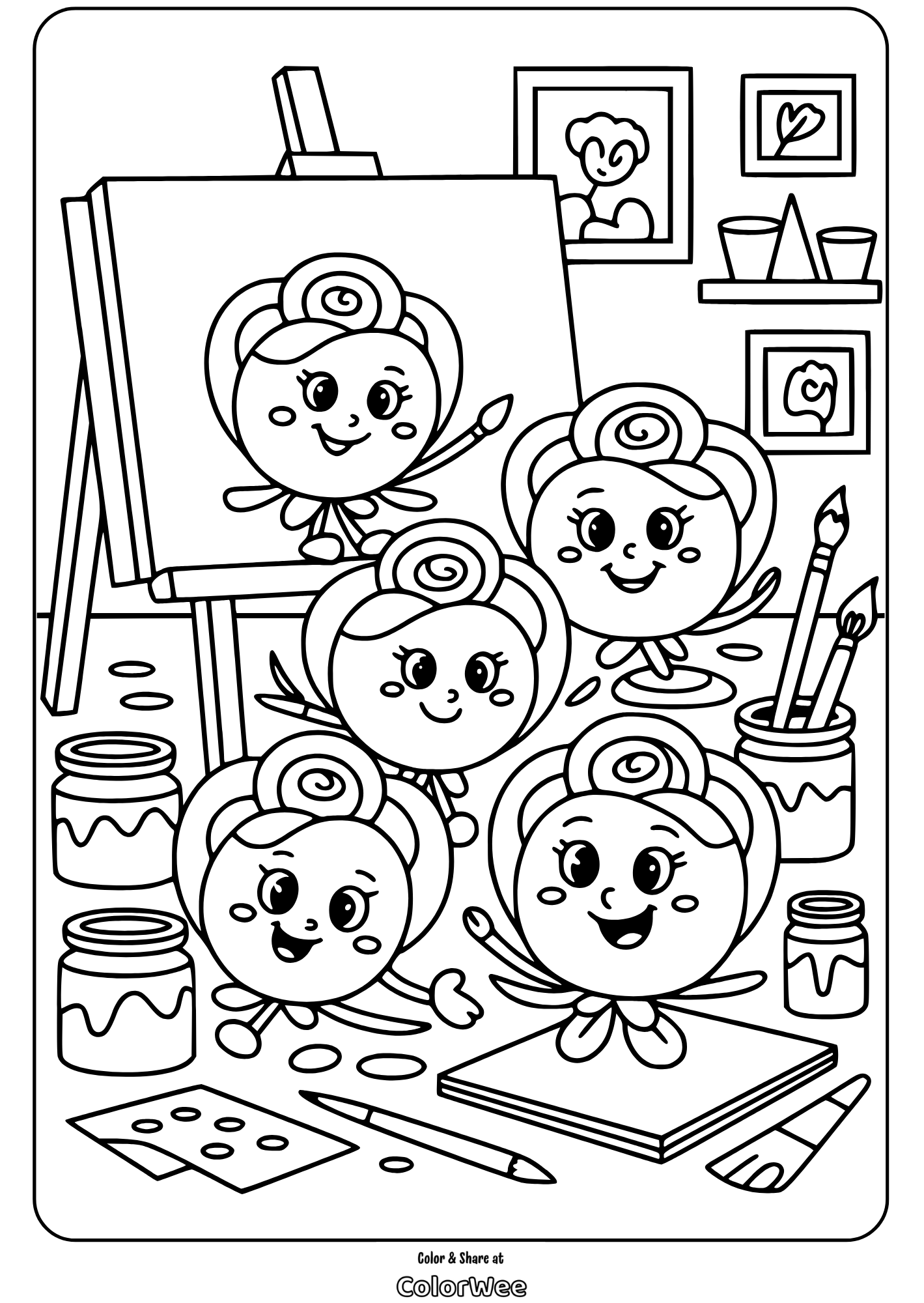 Cute fairy artists coloring page with paint, brushes, and easel.