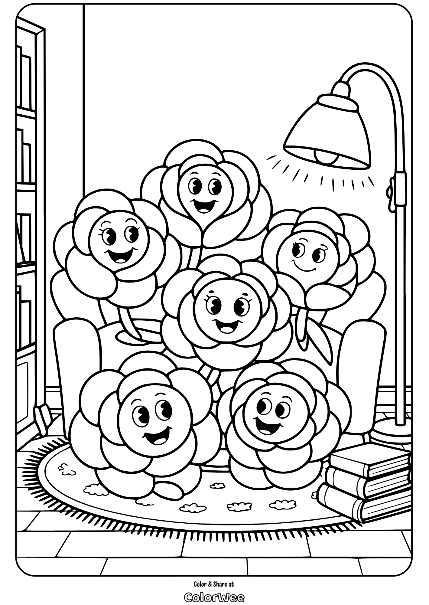 Cheerful flower characters in a cozy reading nook coloring page.