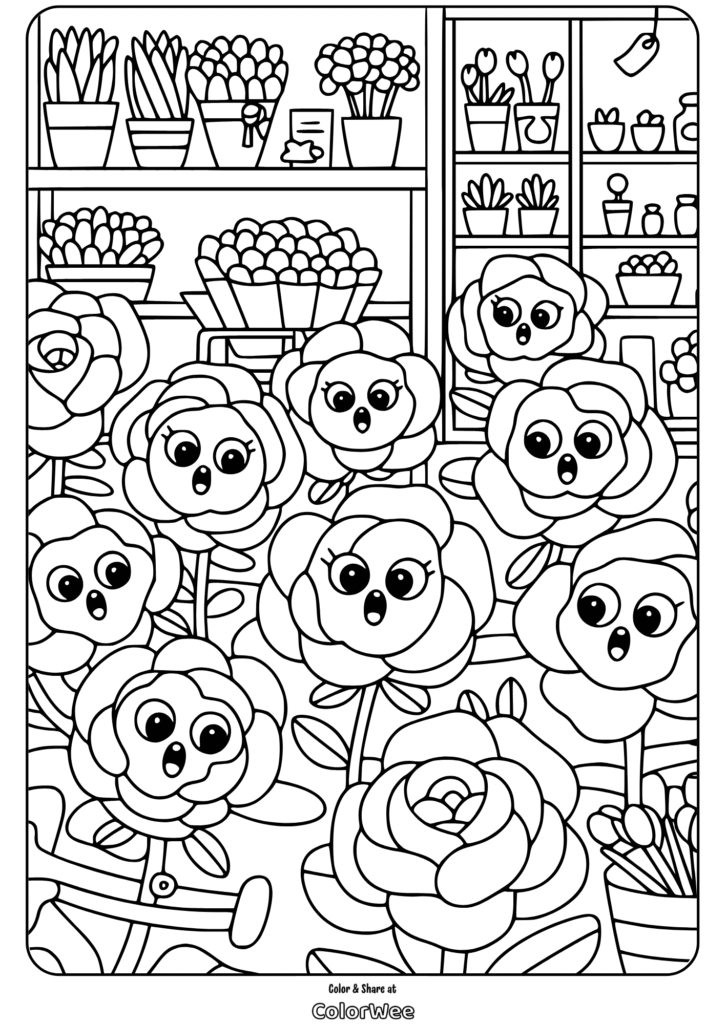cute rose doodles shy surprise coloring page Cute flower shop with cartoon flowers coloring page.