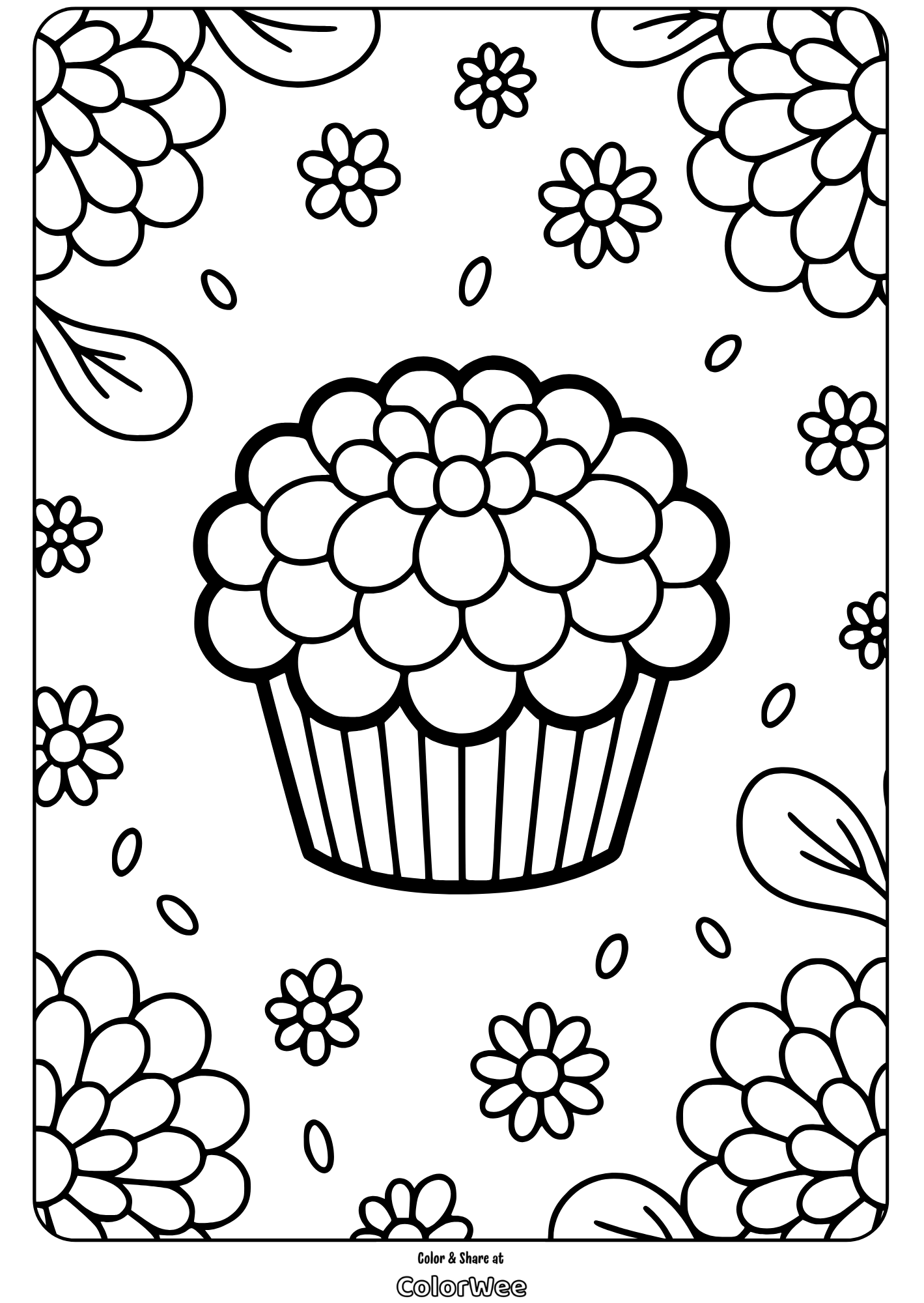 Cupcake coloring page with flowers and leaves pattern.