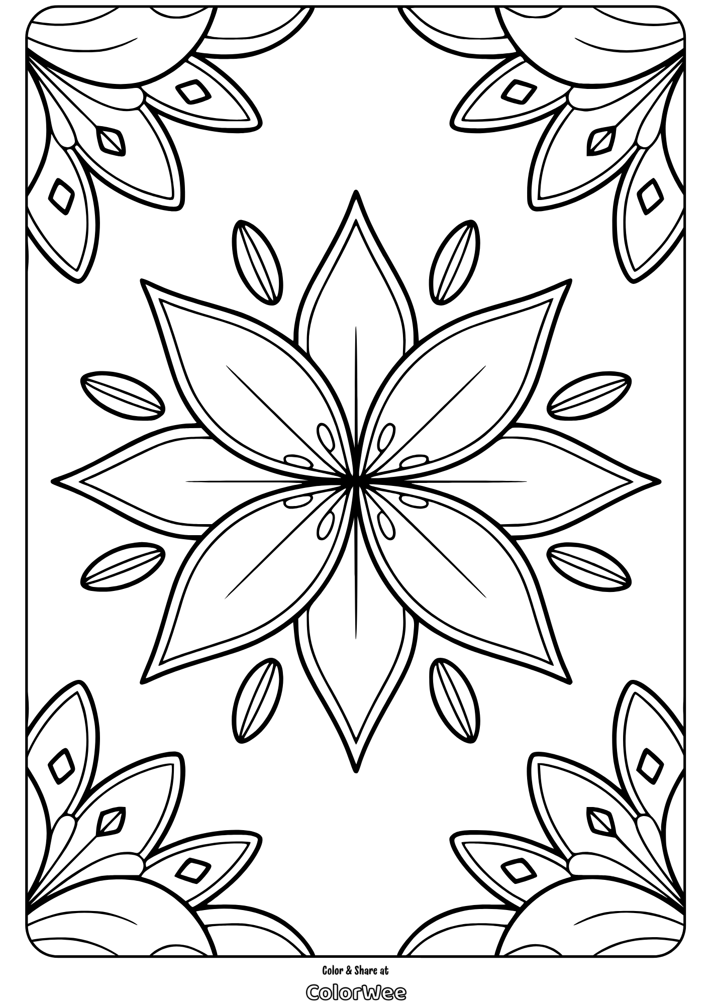 Floral mandala coloring page with intricate leaf patterns.
