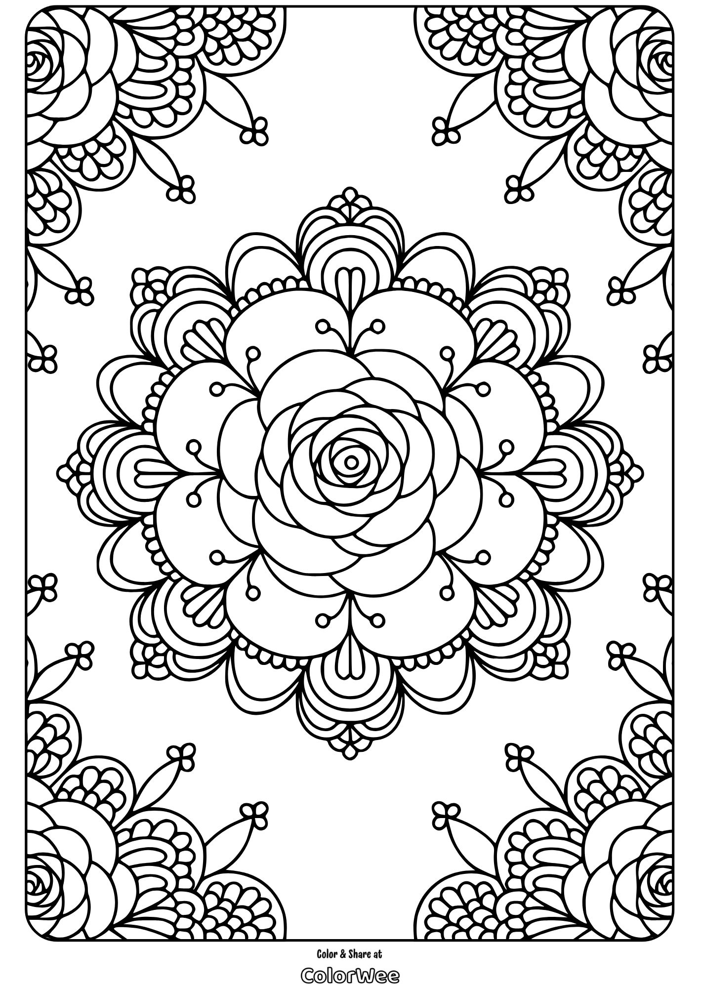 Mandala flower intricate coloring page, perfect for stress relief and creativity.