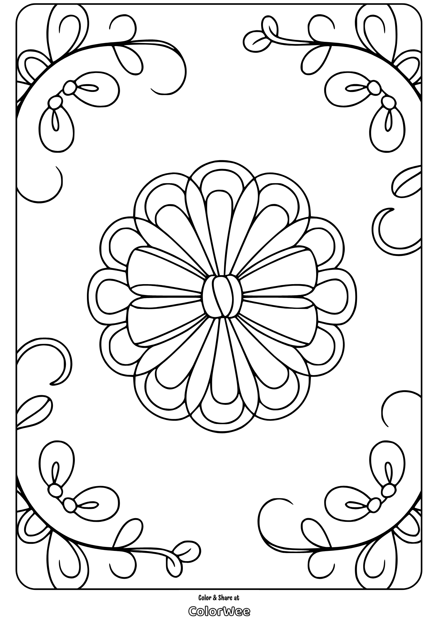 Floral mandala coloring page with decorative border design.