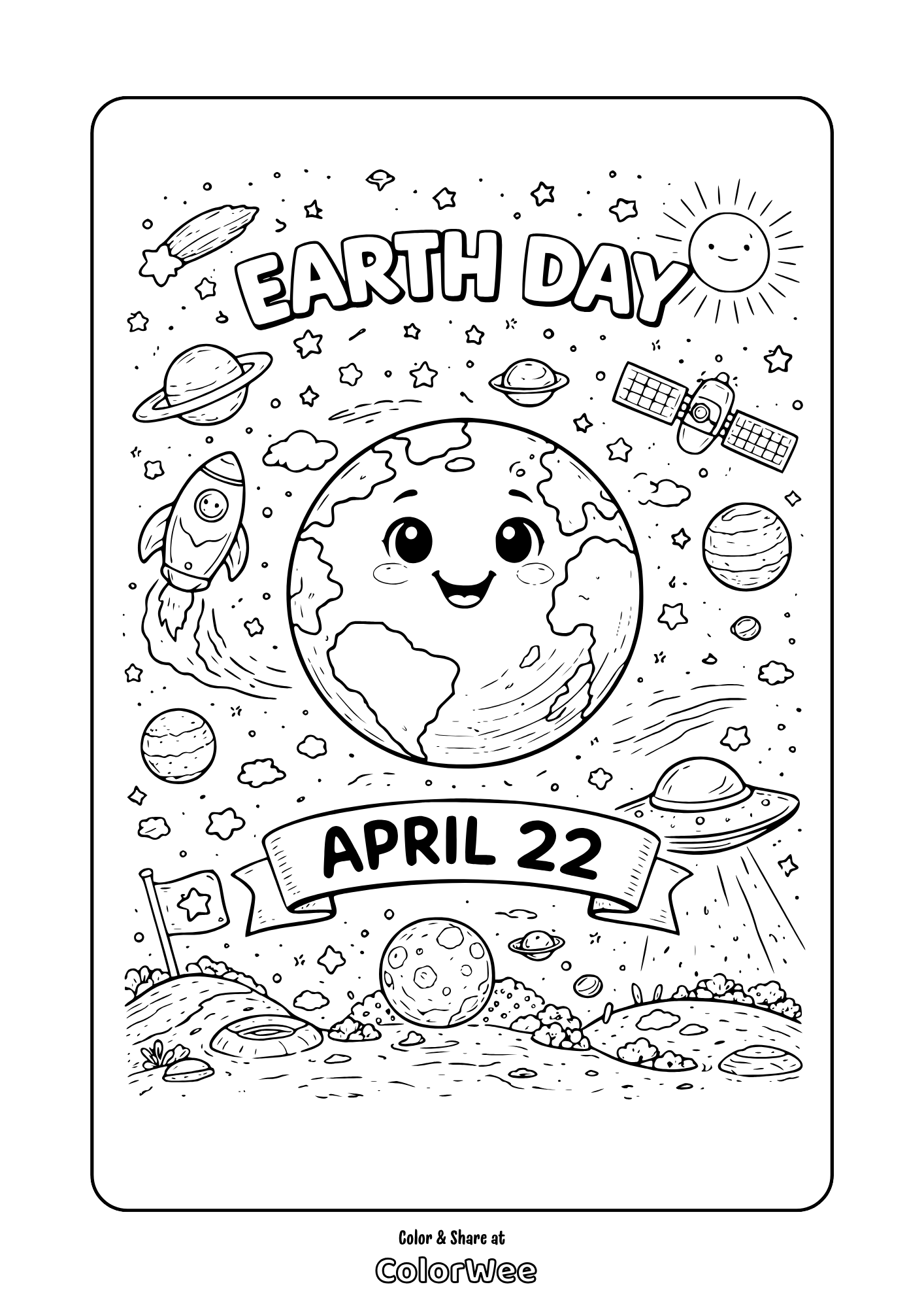 Earth Day coloring page with planets and April 22 banner.