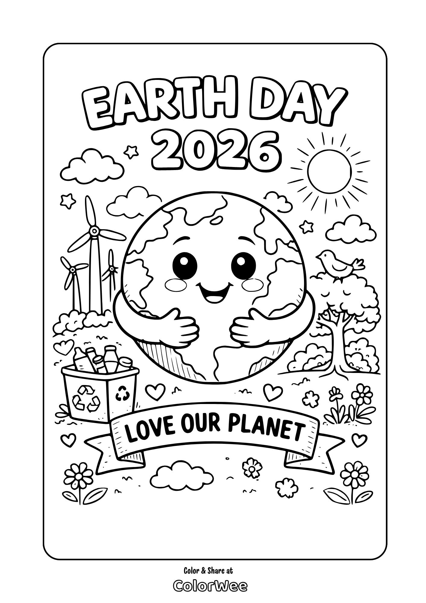 Earth Day coloring page with planets, stars, and smiling Earth.