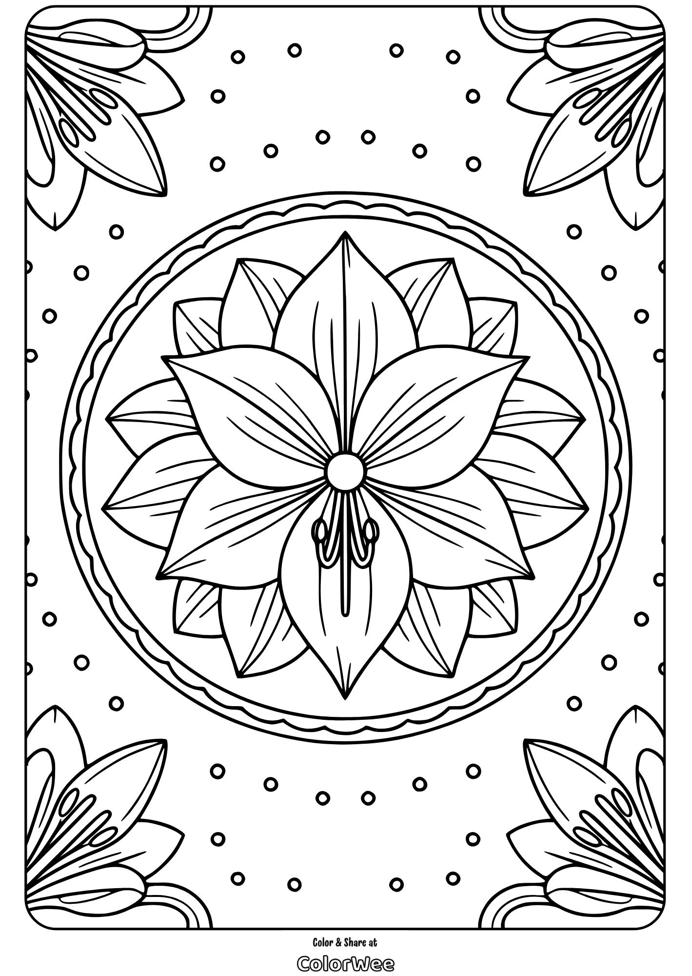 Floral mandala coloring page with intricate flower design.