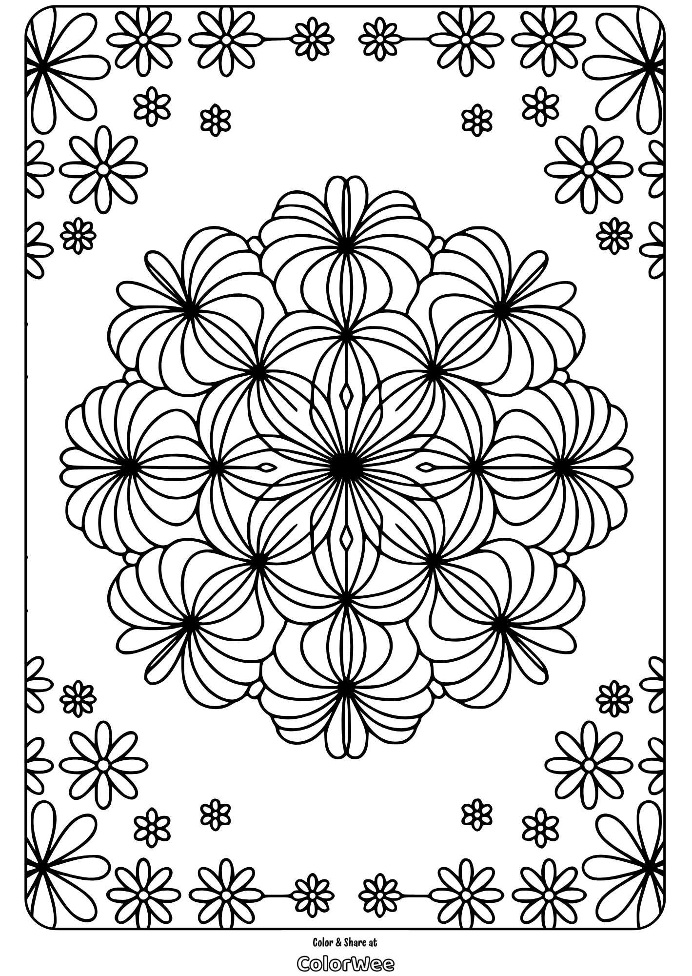 Floral mandala coloring page with intricate flower designs.