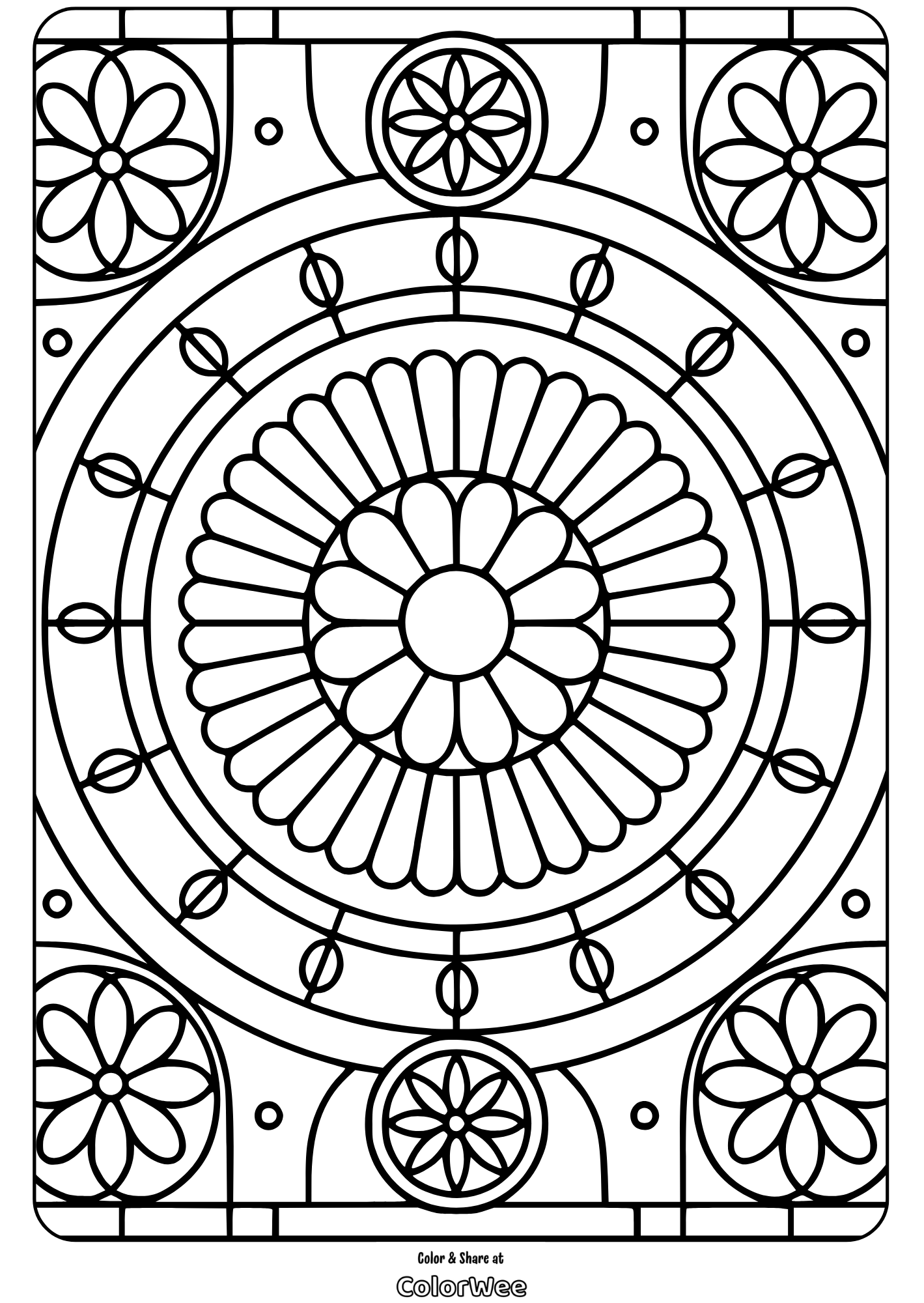 Intricate circular floral stained glass coloring page design.