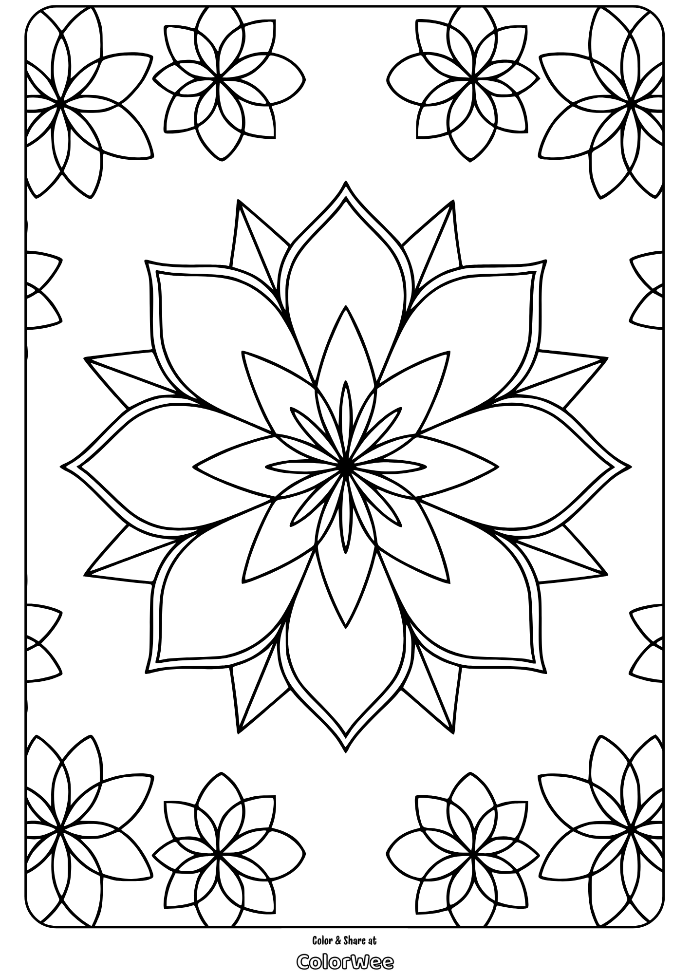 Mandala flower coloring page with intricate petal designs.