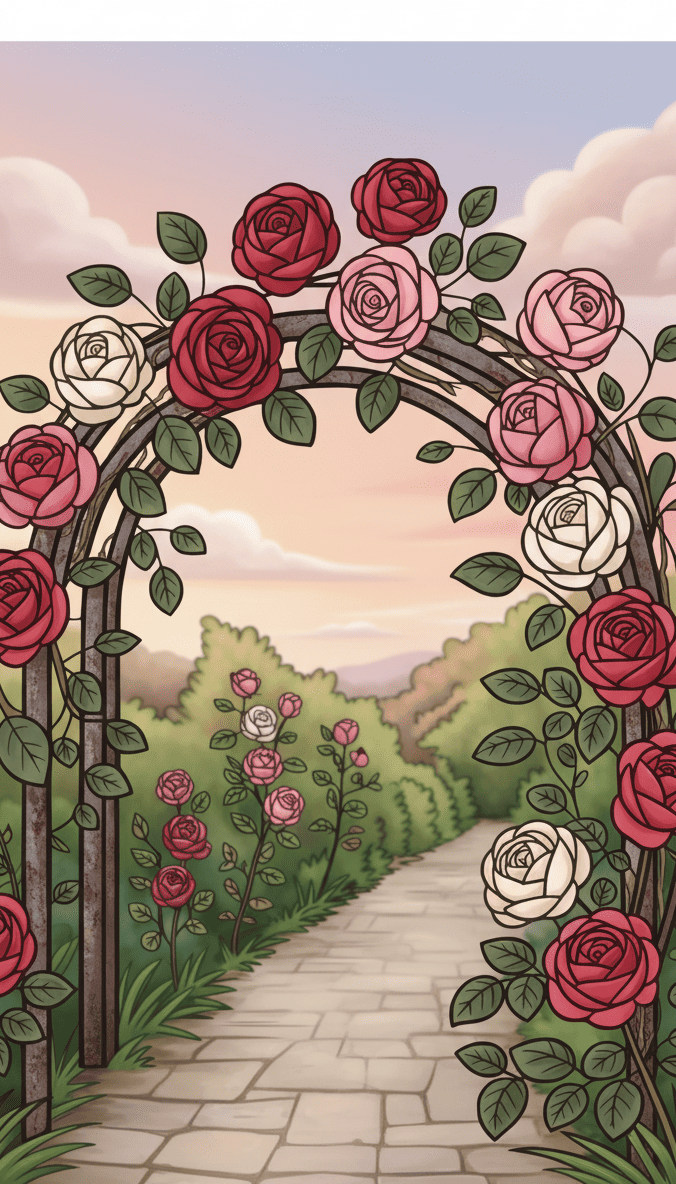 Rose Archway Coloring Page with Scenic Garden Path