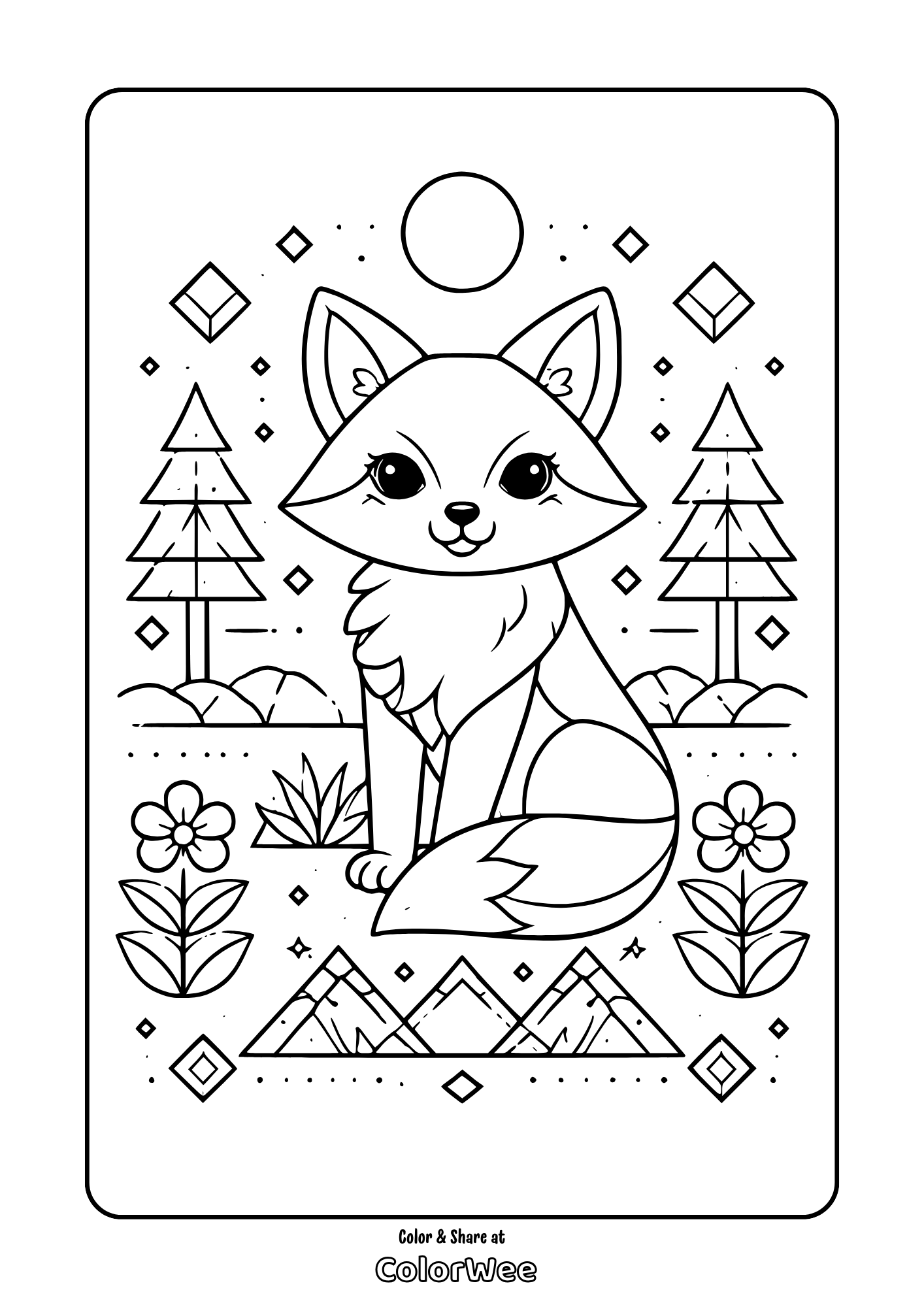 geometric fox coloring page Cute fox coloring page with trees, flowers, and mountains.