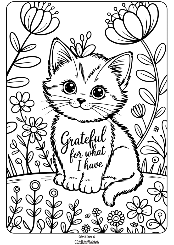 gratitude quotes animal garden coloring page Adorable kitten coloring page with flowers and gratitude quote.