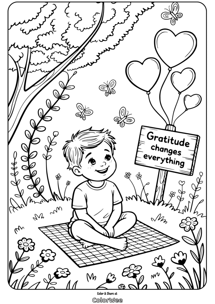 gratitude quotes butterfly meadow coloring page Child smiling with Gratitude changes everything sign, butterflies around.