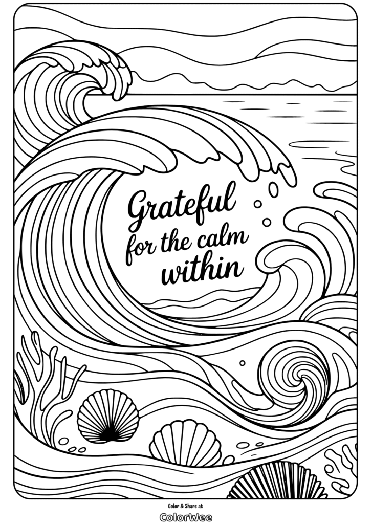 gratitude quotes ocean waves coloring page Calming wave coloring page with inspirational quote about gratitude.