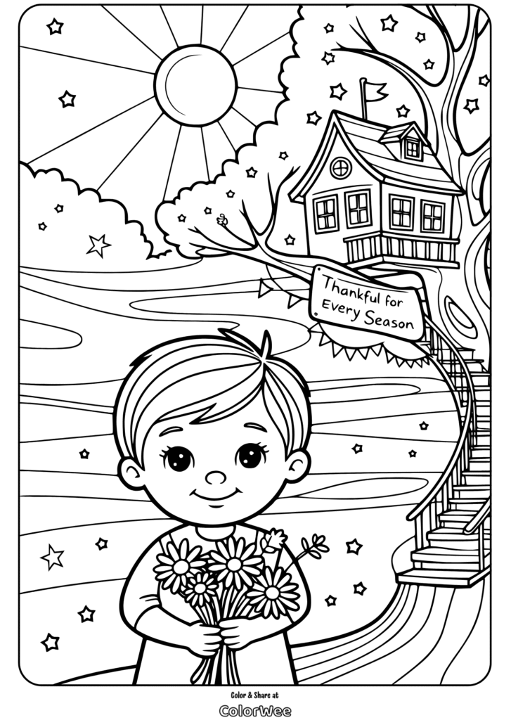 gratitude quotes whimsical sky coloring page Child holding flowers under sun, treehouse says Thankful for Every Season.