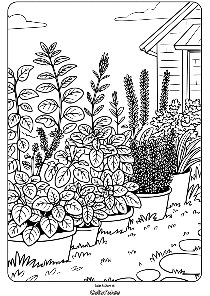 herb and foliage designs front farmhouse coloring page Potted garden plants coloring page with house in background.