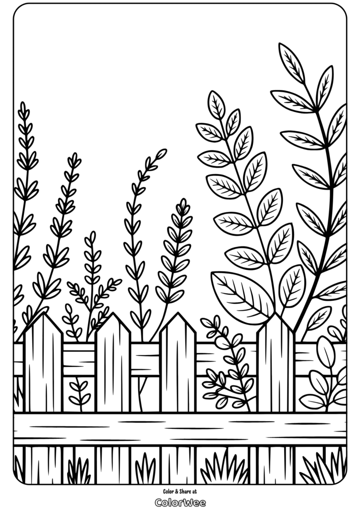 herb and foliage designs house fence coloring page Coloring page: garden fence with leafy plants.