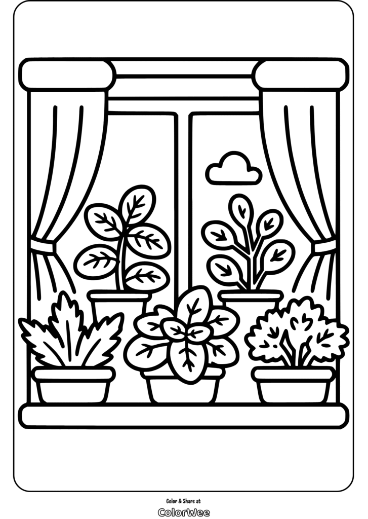 herb and foliage designs window coloring page 1 Potted plants on a windowsill coloring page with curtains.