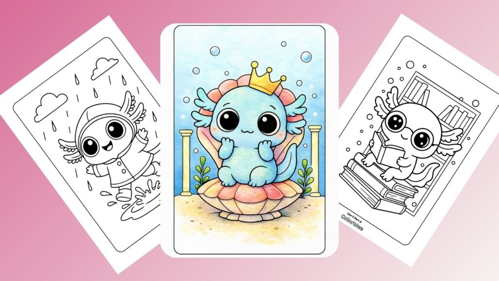 Kawaii axolotl coloring pages. Many free printables