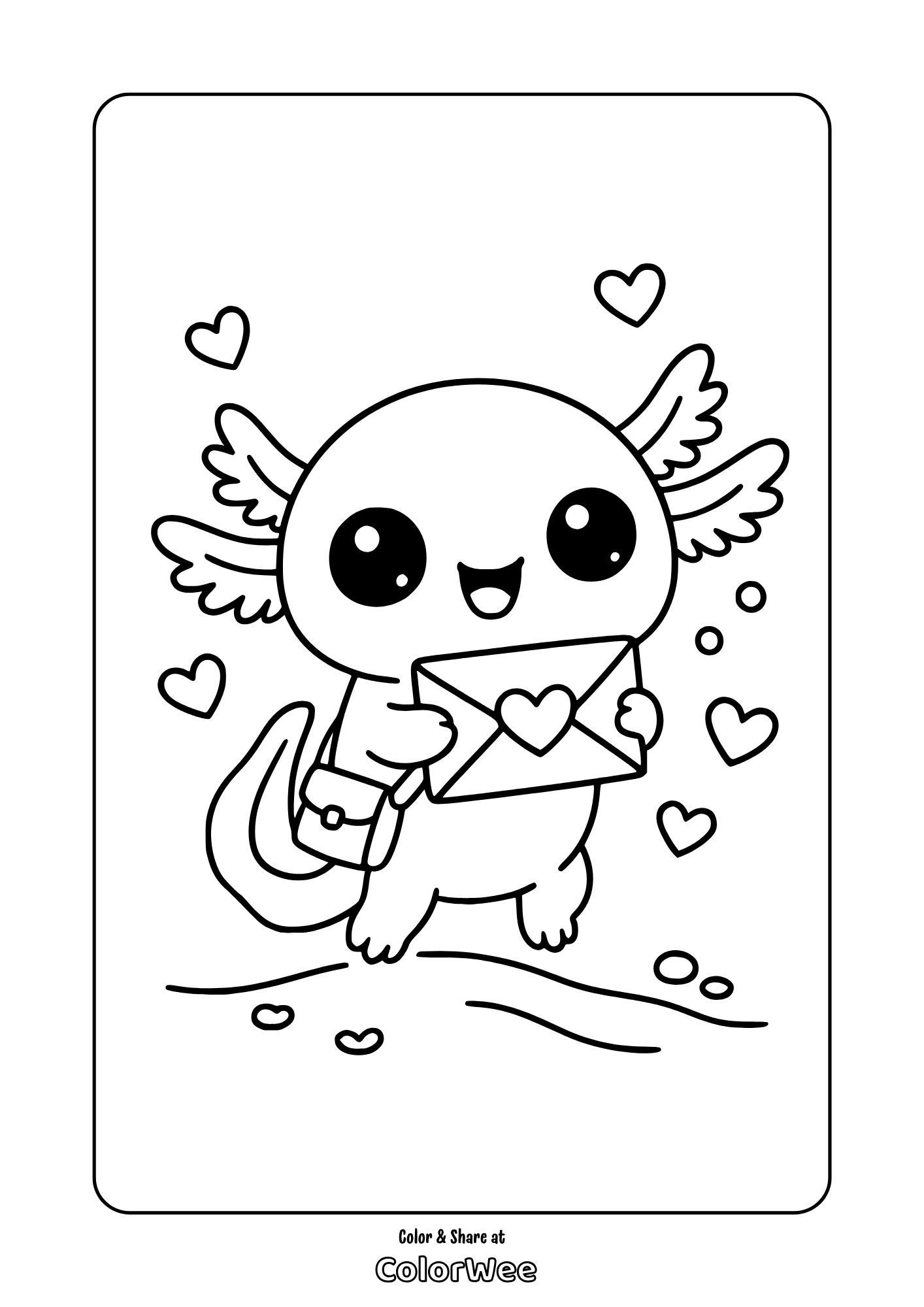 Kawaii axolotl delivering love letter, hearts and wings, printable valentine coloring page.