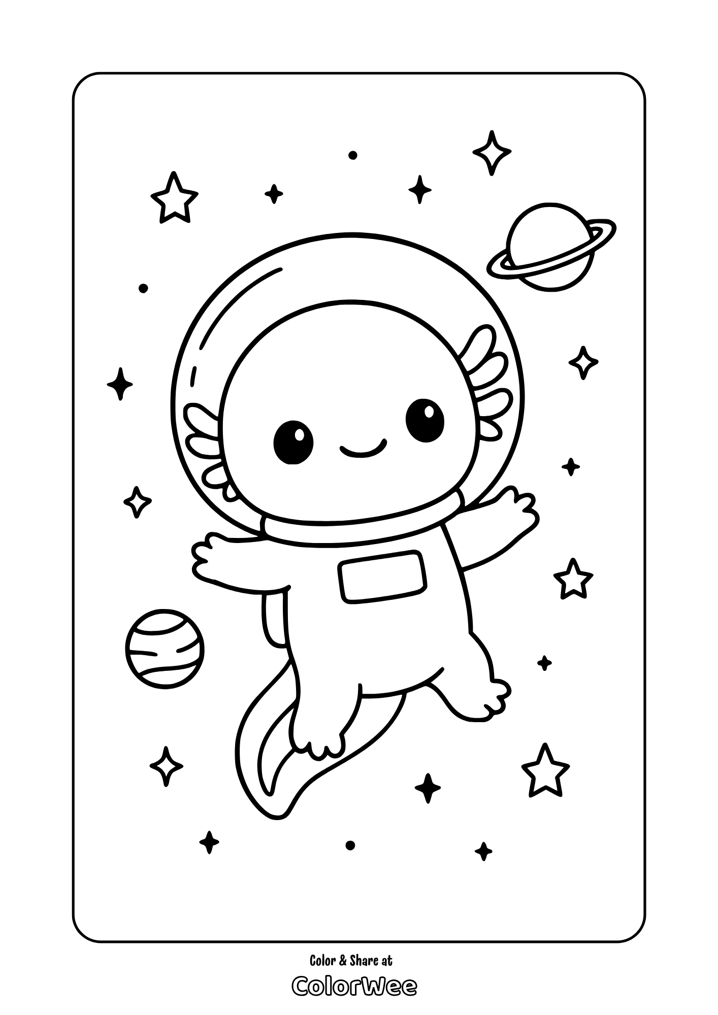 Cute axolotl astronaut in space coloring page with stars and planets.