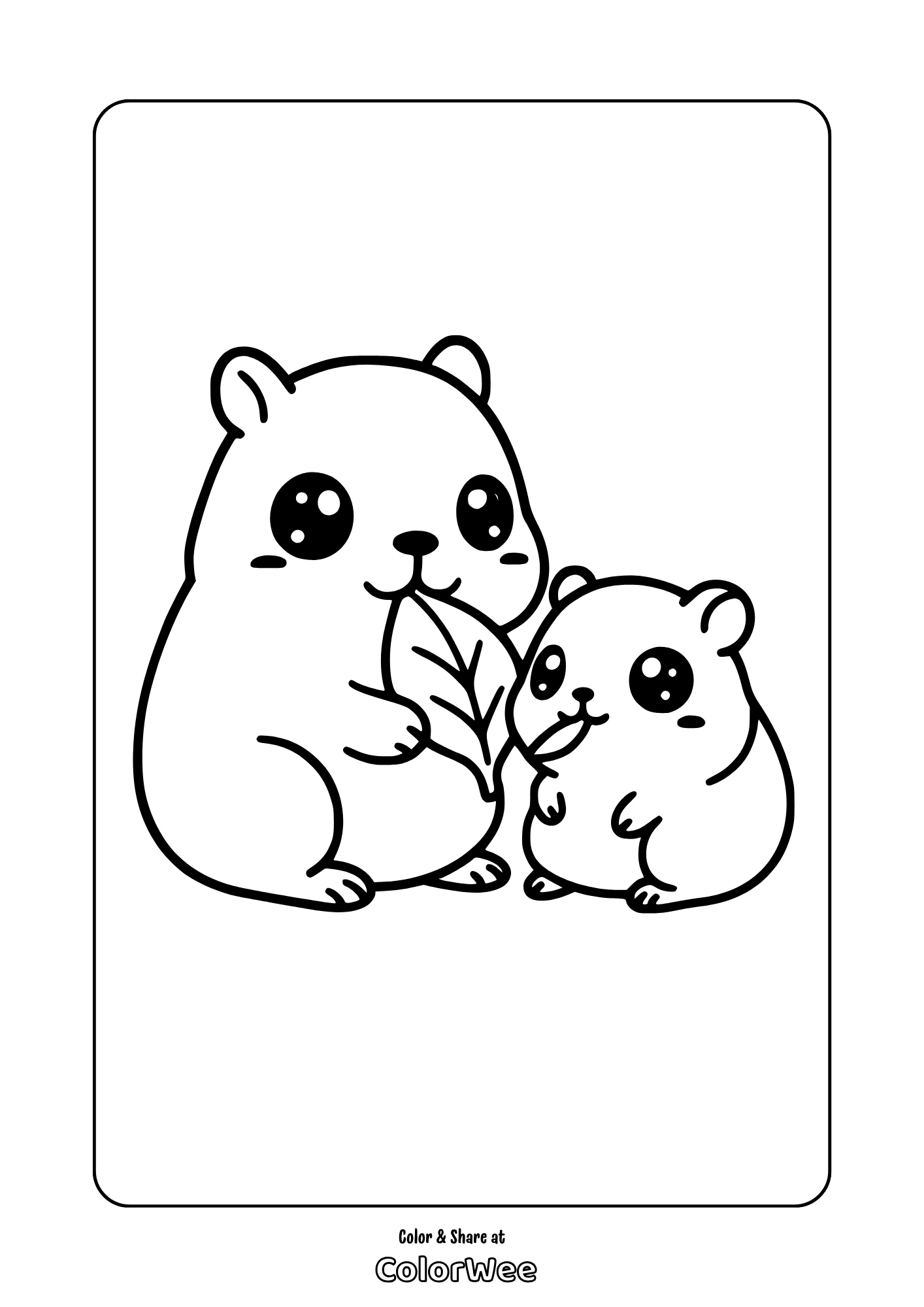 Kawaii capybara and guinea pig eating leaves coloring page.