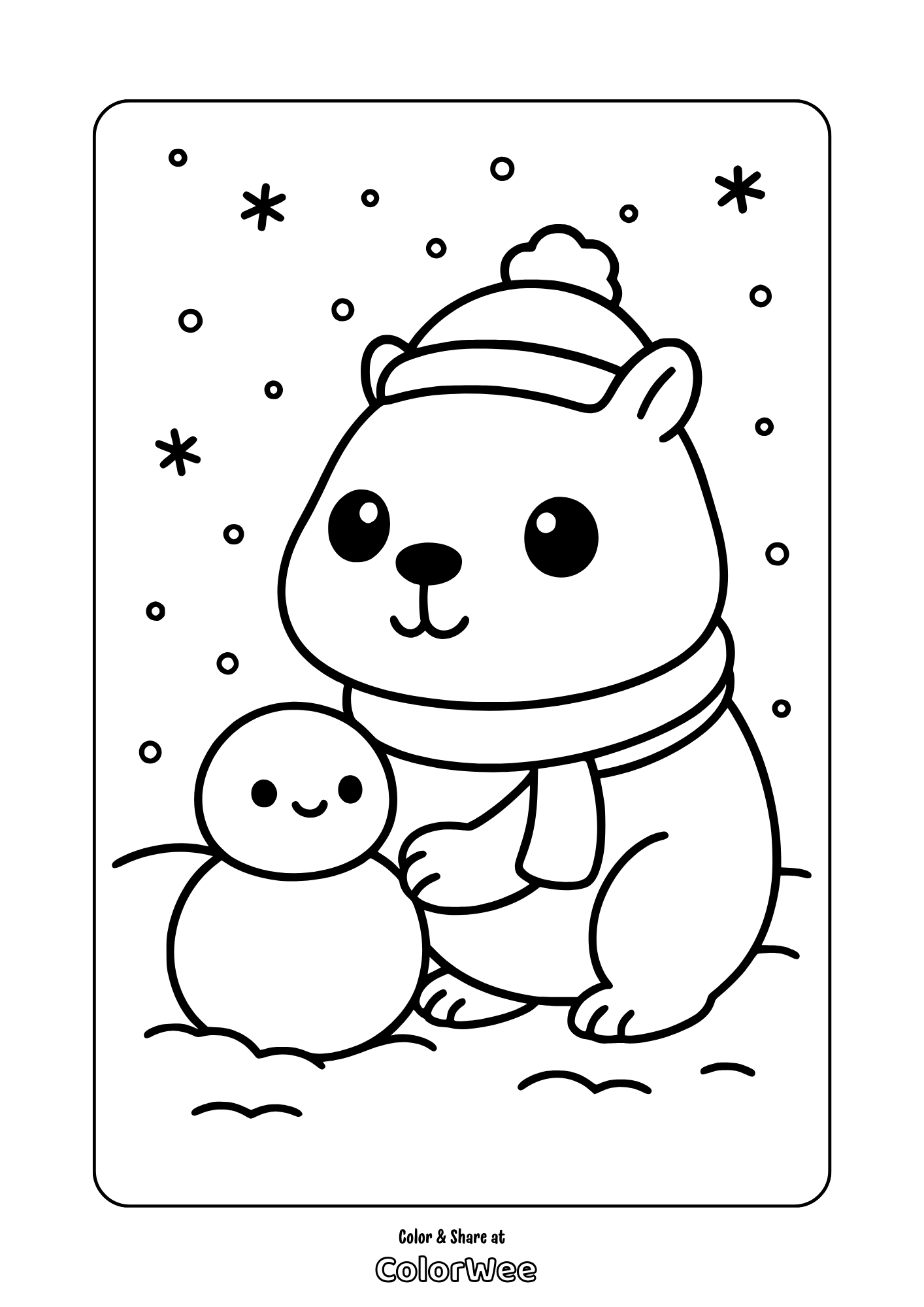 Kawaii capybara building snowman in a winter.