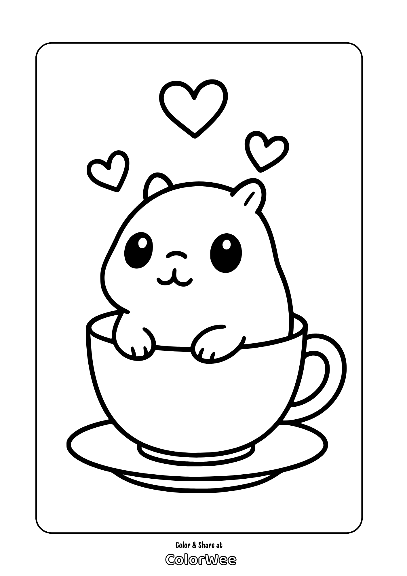 Kawaii capybara in a teacup with hearts around.