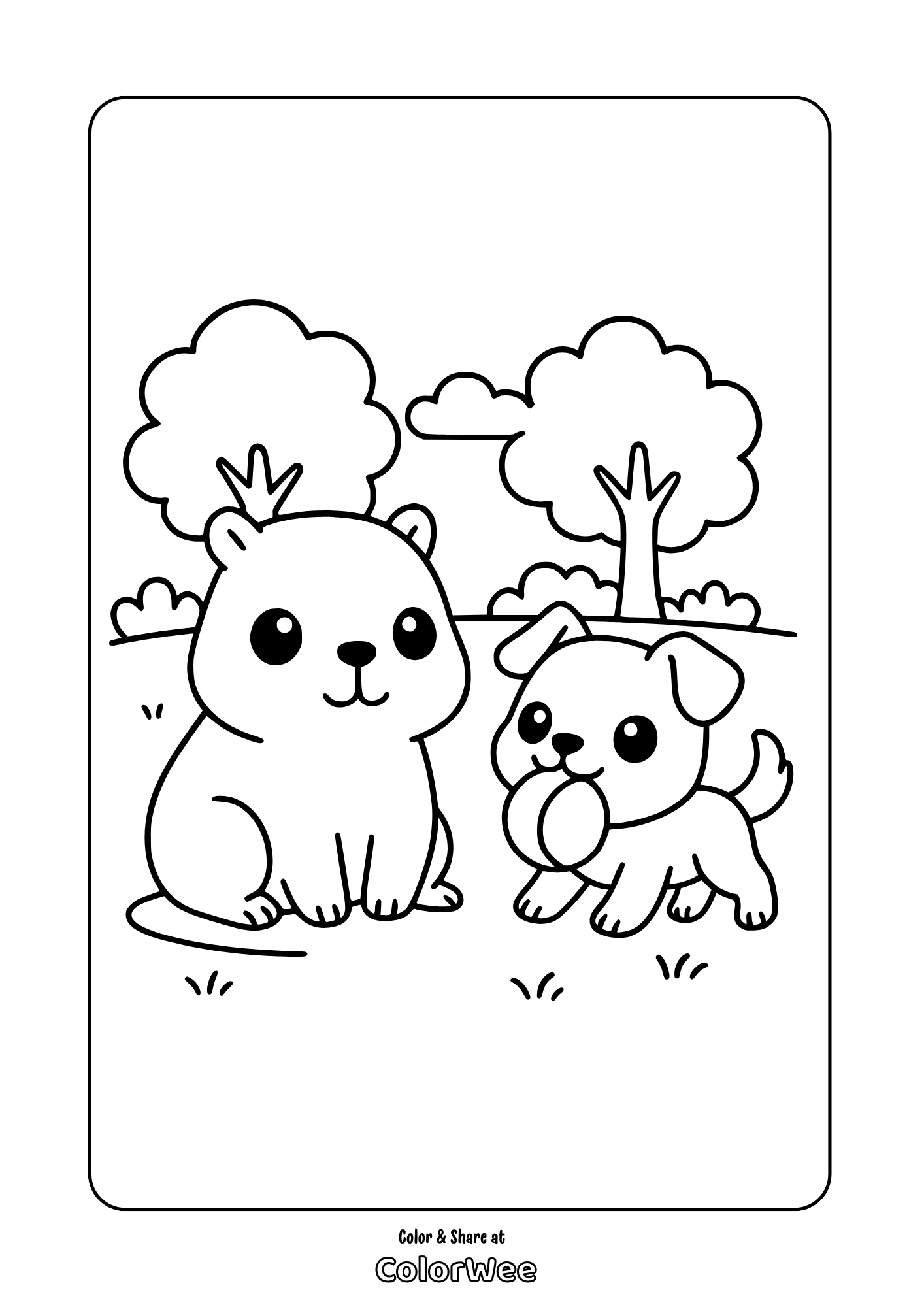 Kawaii caypbara and puppy playing outside coloring page.