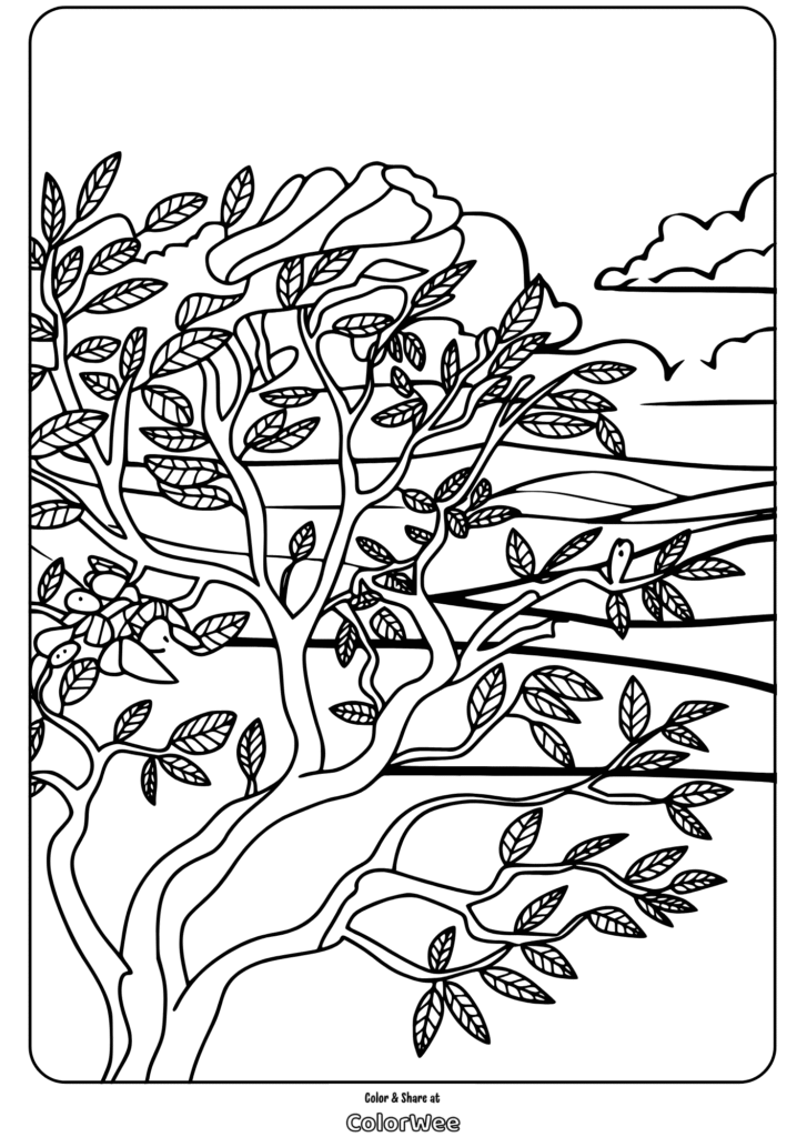 leaves and branches broad tree coloring page 1 Coloring page featuring a tree with leaves against a nature background.