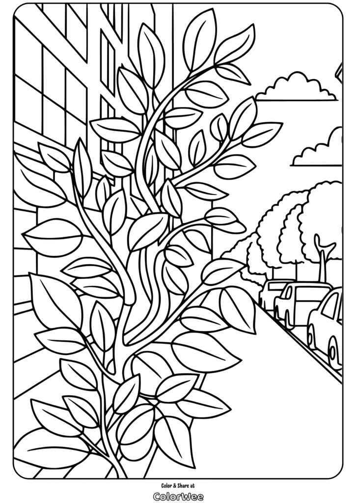 leaves and branches city sidewalk coloring page Street view with leaves for coloring page.