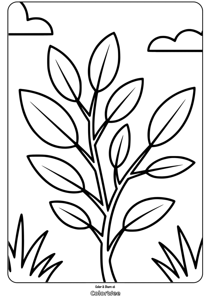 leaves and branches simple scene coloring page Tree with branches and leaves coloring page for kids' creativity.