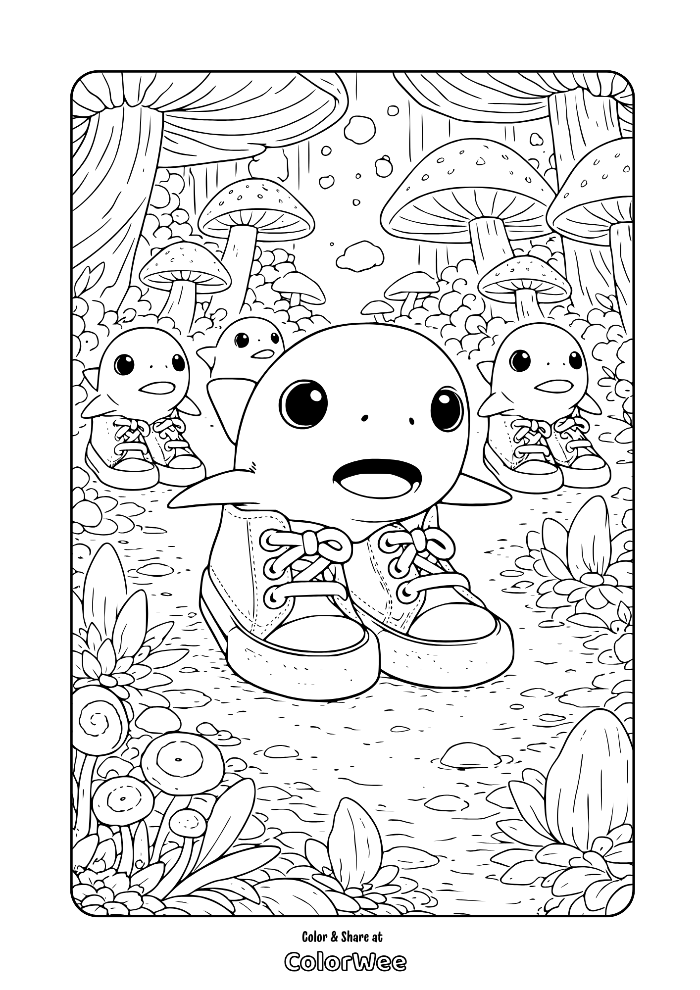 Los Tralaleritos exploring the mushroom land- coloring page
