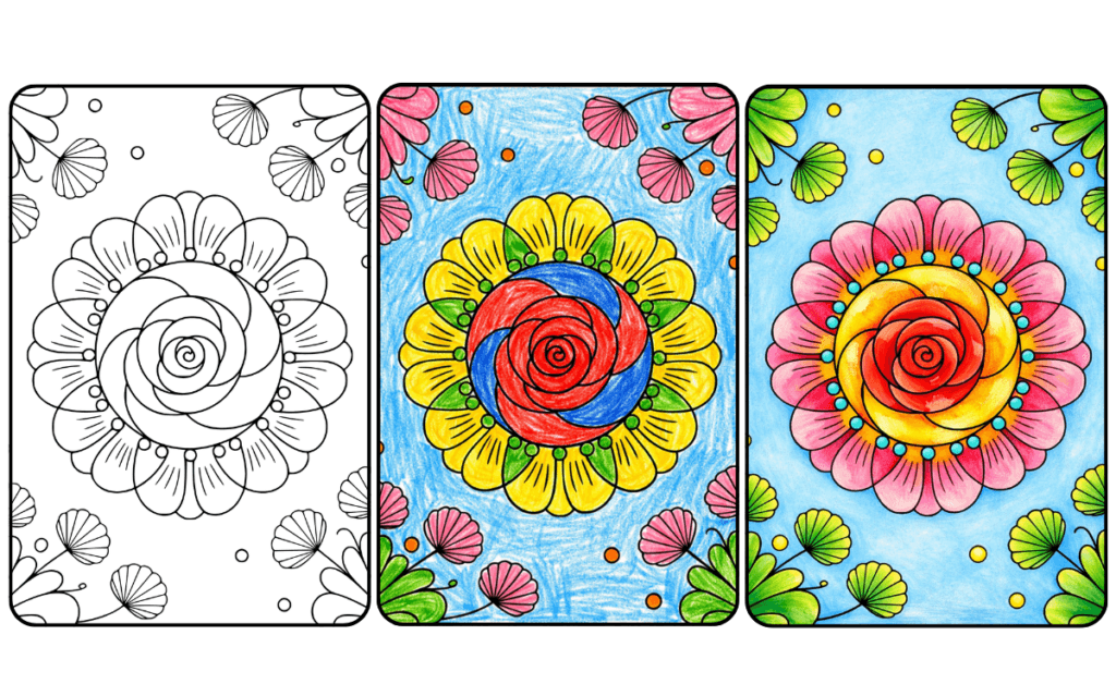 Colorful mandala flower coloring page with intricate designs.