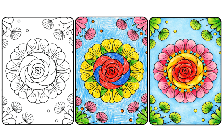 Colorful mandala flower coloring page with intricate designs.