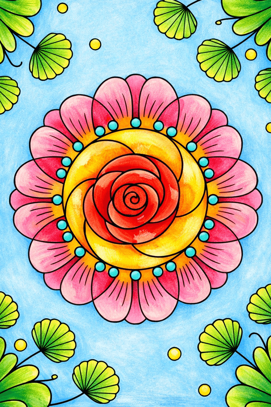 Colorful floral mandala with vibrant leaves for stress relief coloring.