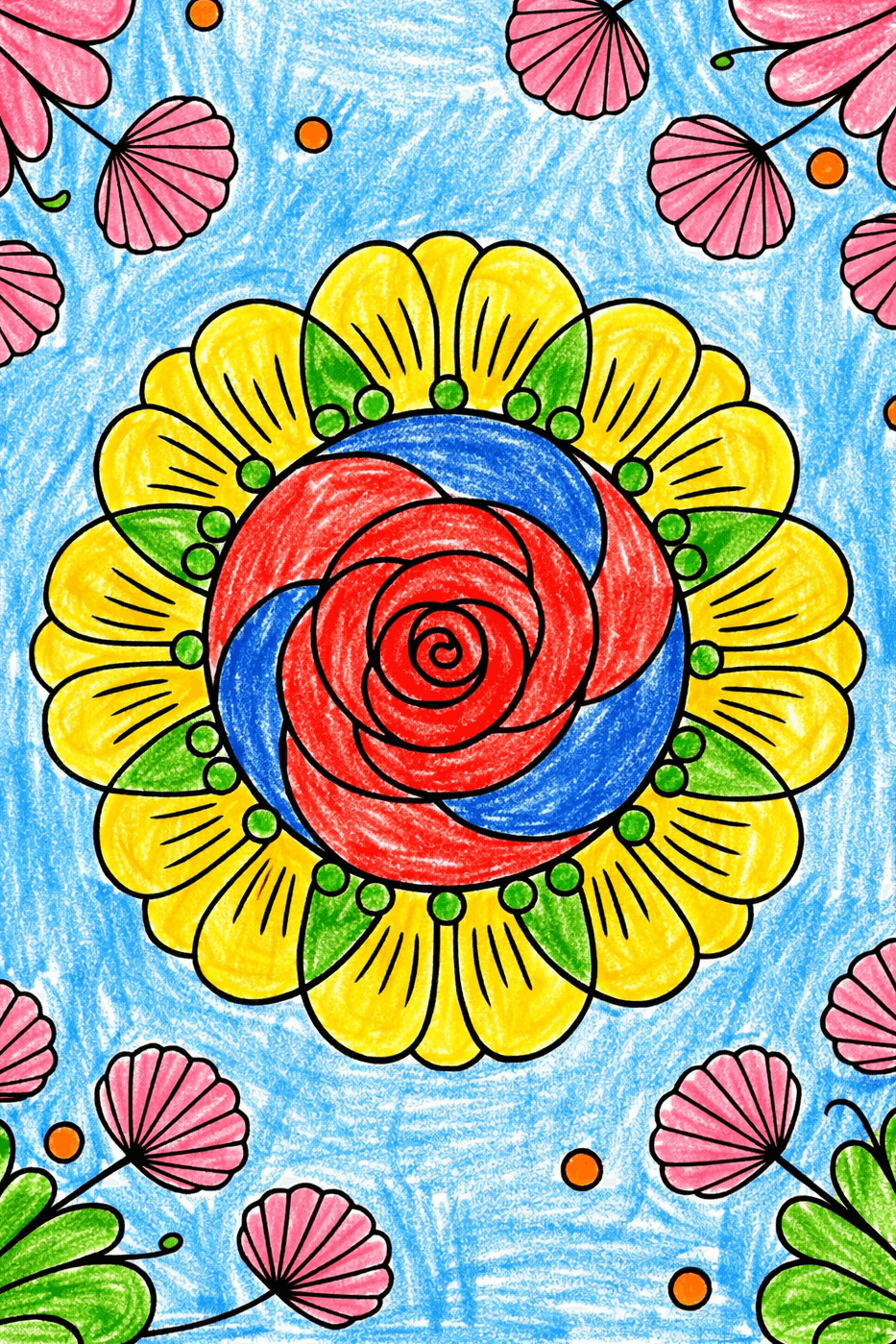 Colorful mandala with vibrant petals and floral patterns on a blue background.