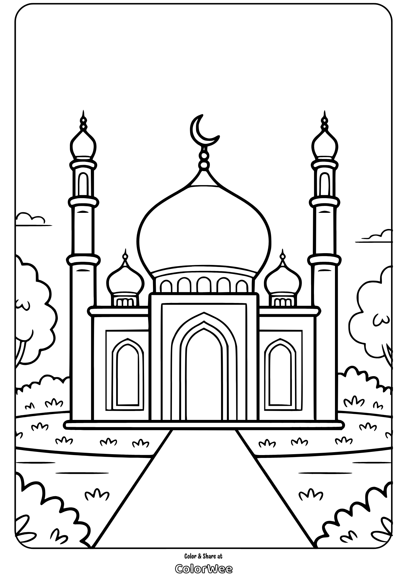 Coloring page featuring a mosque with minarets and crescent moon.