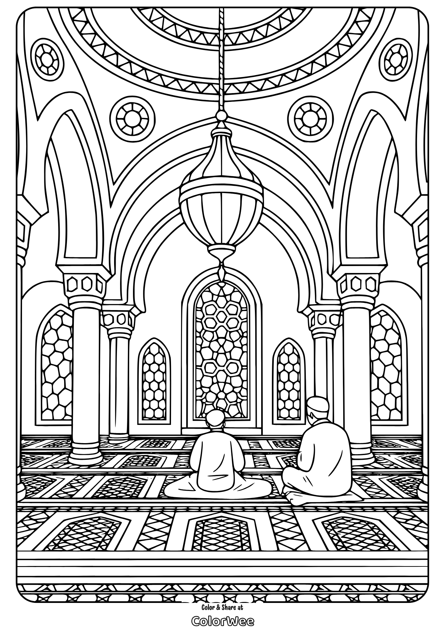 Intricate mosque interior coloring page with two seated figures