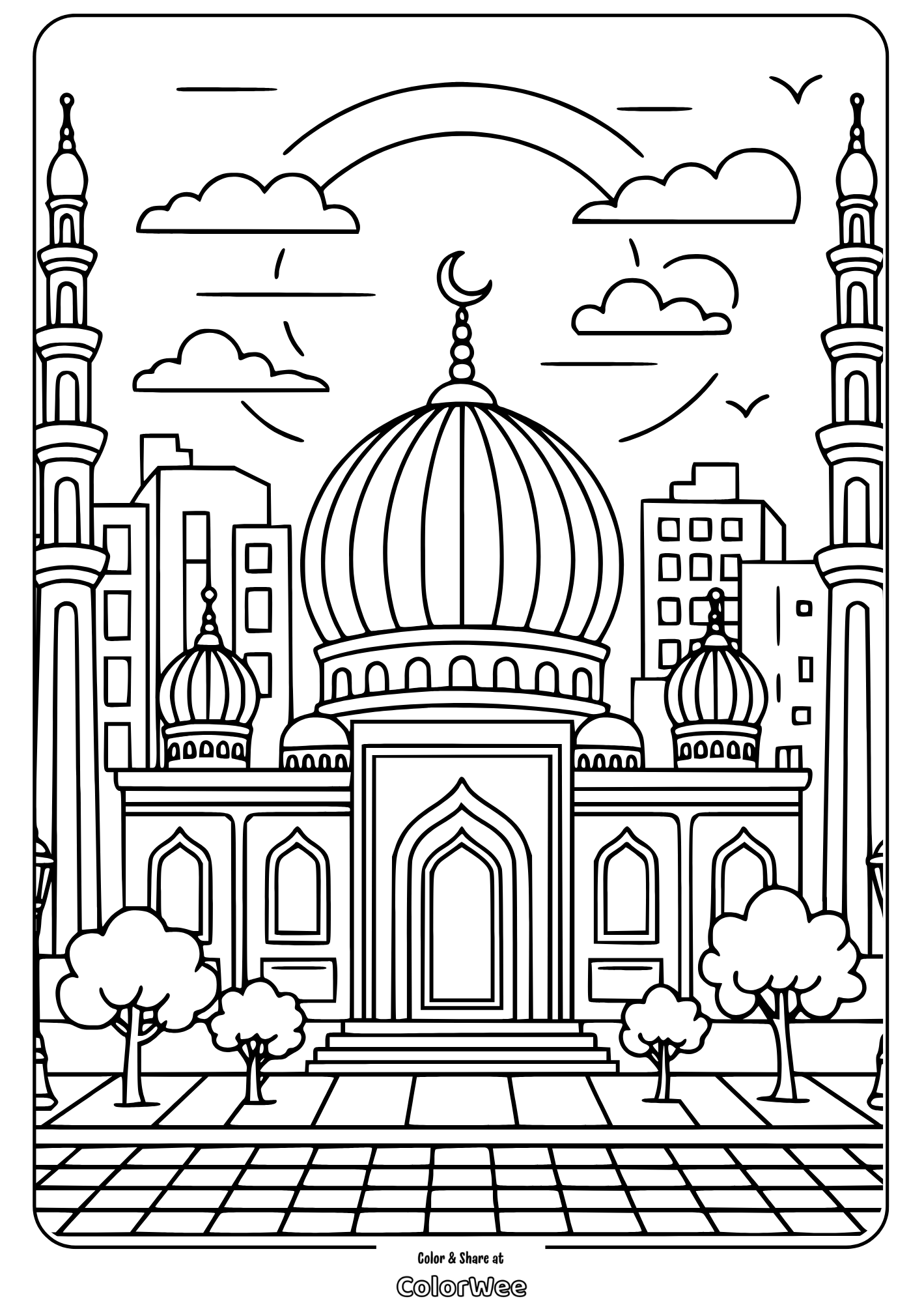 Mosque coloring page with minarets and cityscape background.