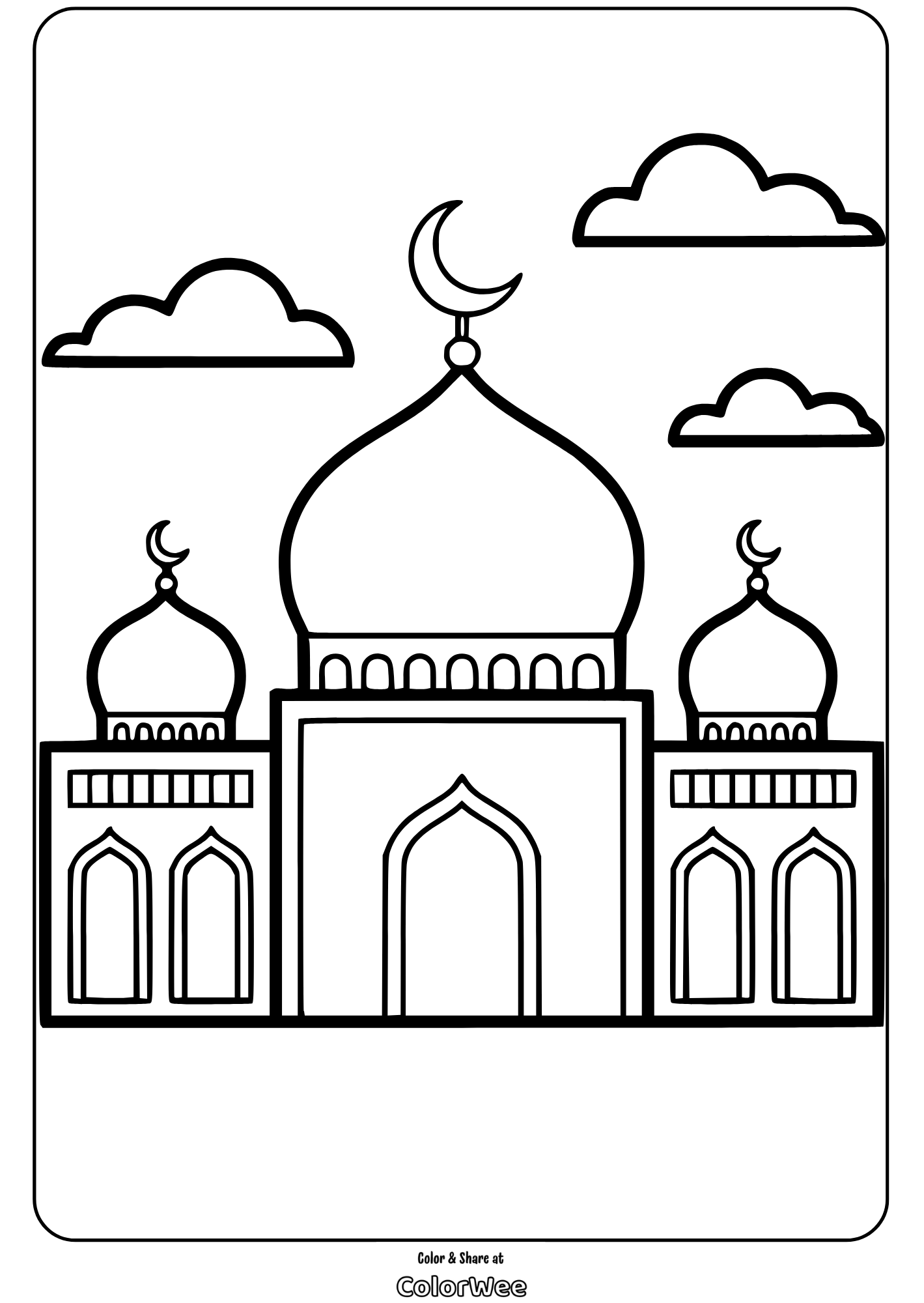 Mosque coloring page with clouds and crescent moons.