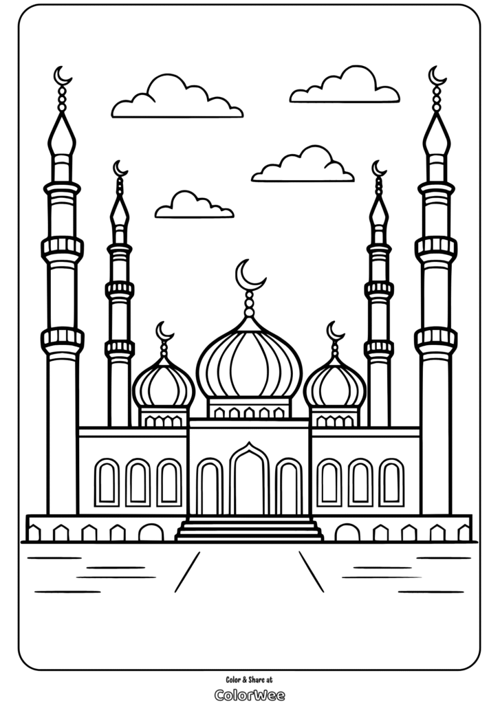 mosque with minarets coloring page Coloring page of ornate mosque with minarets and domes.