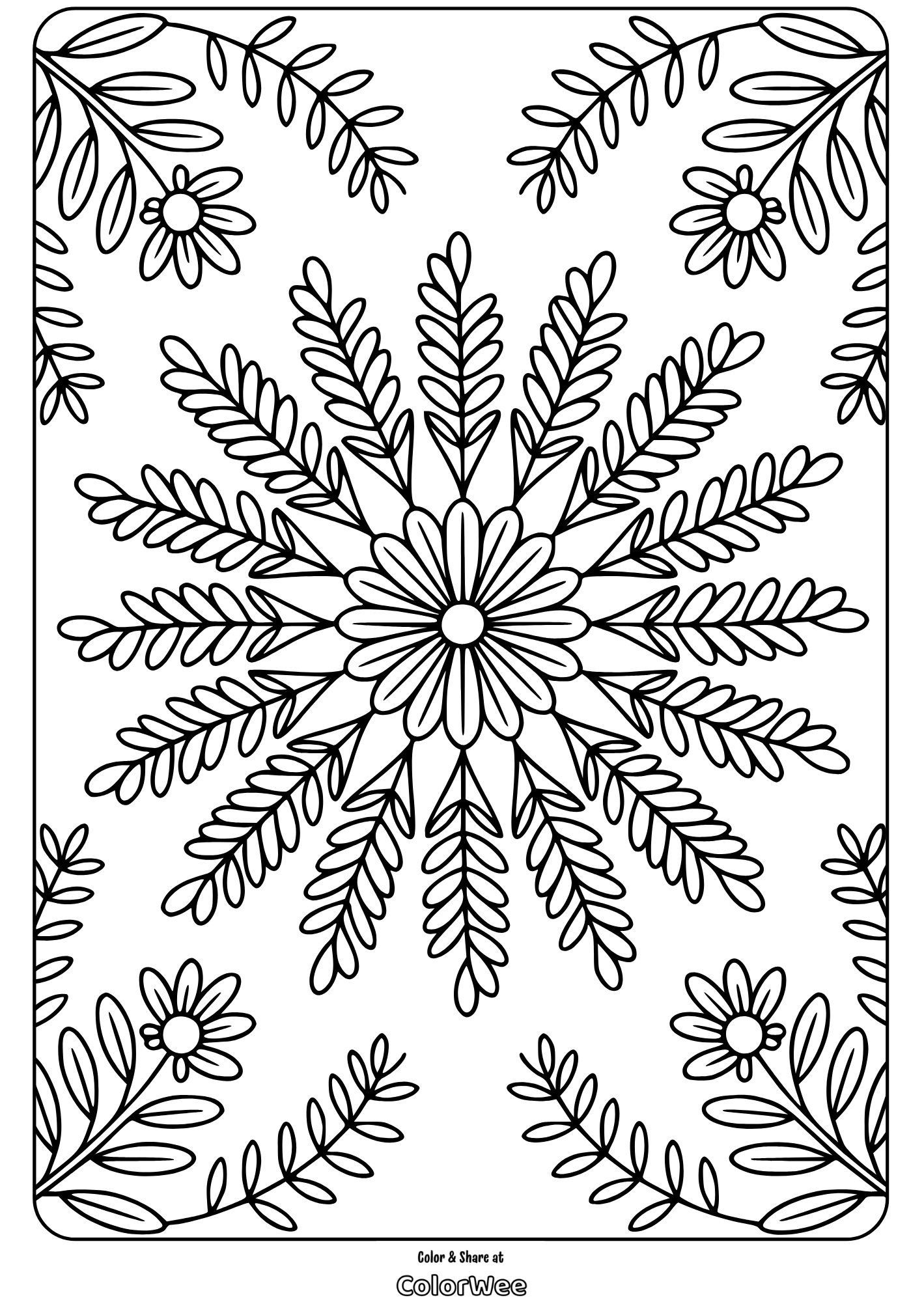 Floral mandala coloring page with intricate leaf patterns.