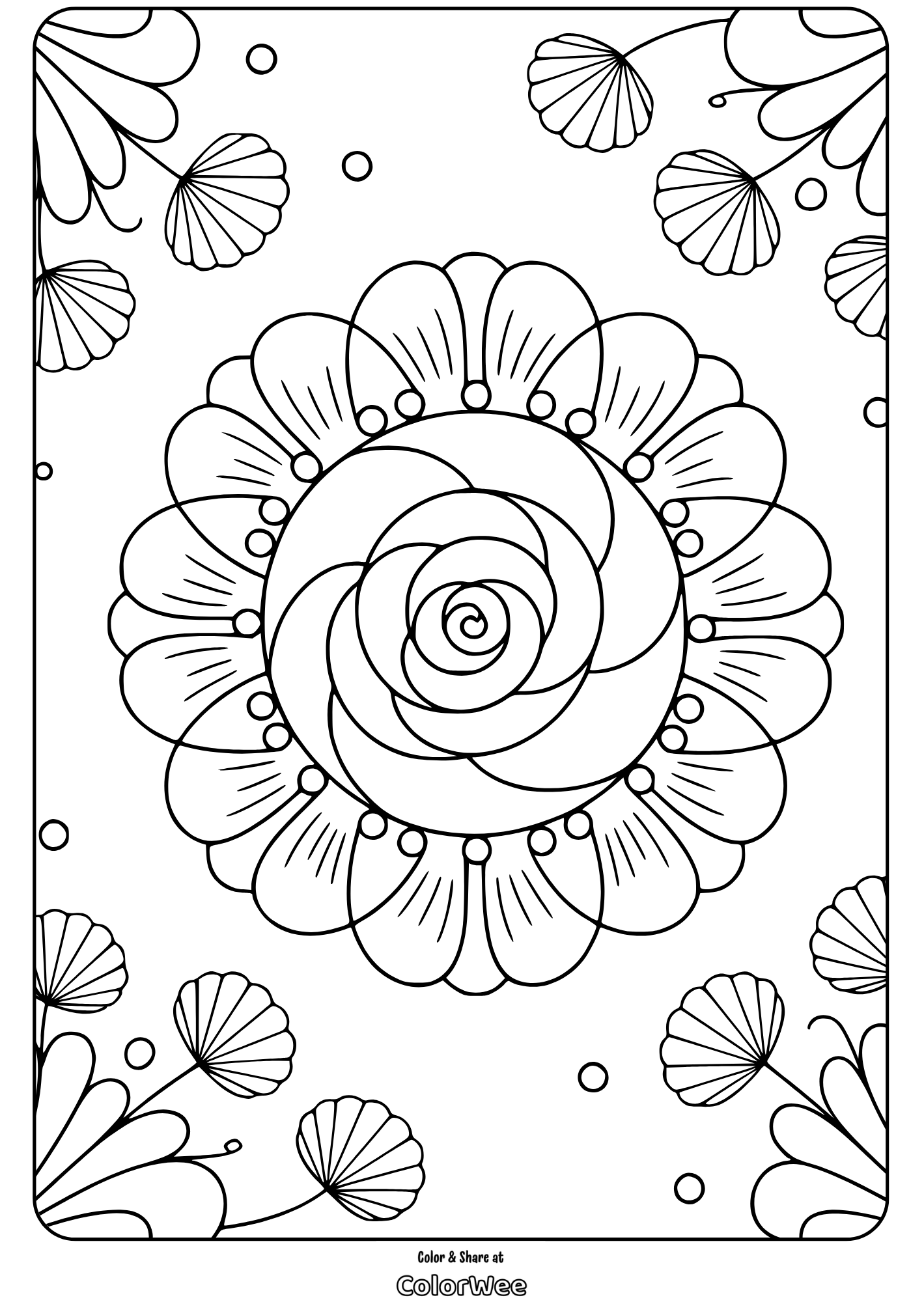 Floral mandala coloring page with intricate petal designs.