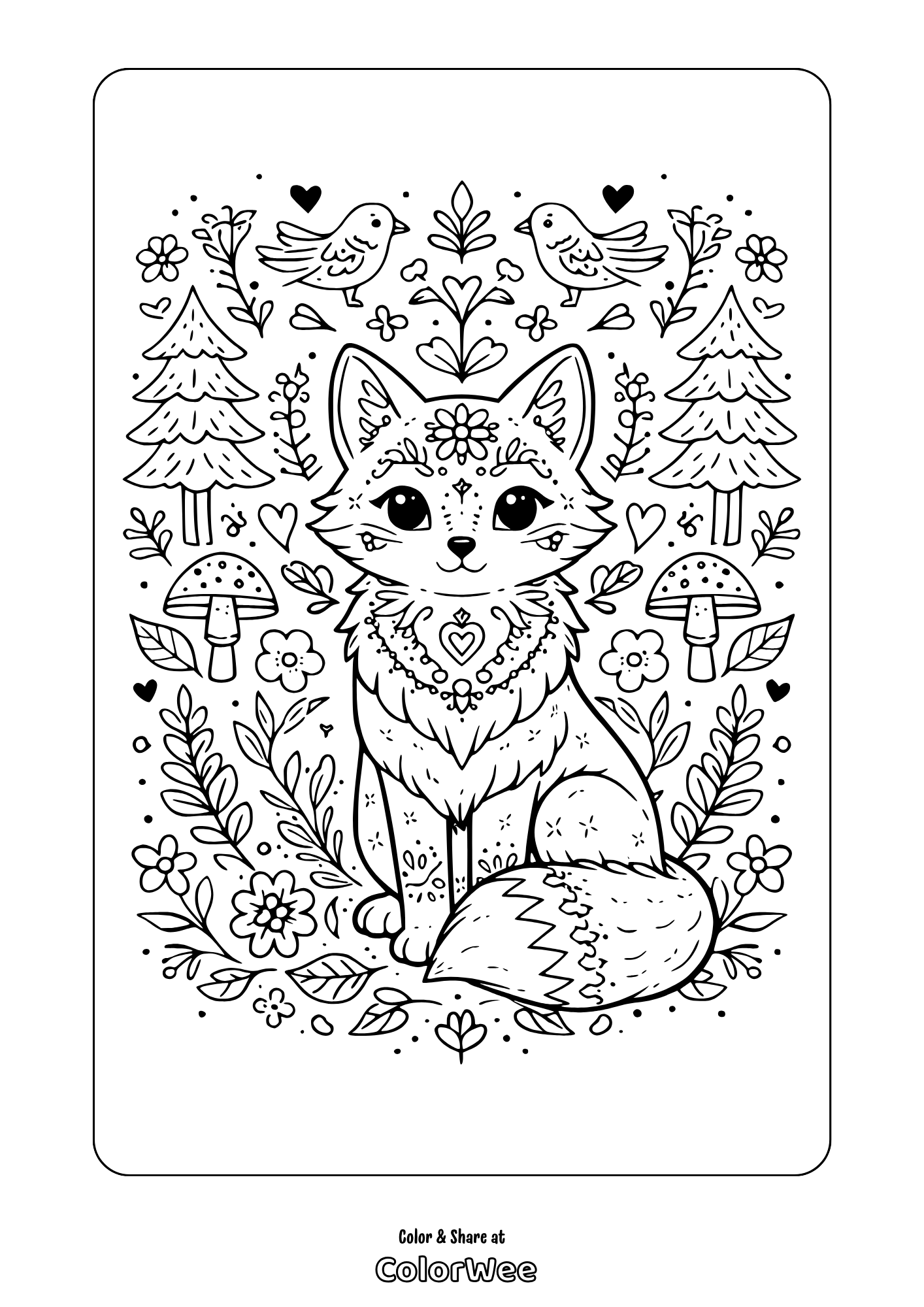nordic fox coloring page Cute fox in a whimsical forest coloring page with birds and flowers.