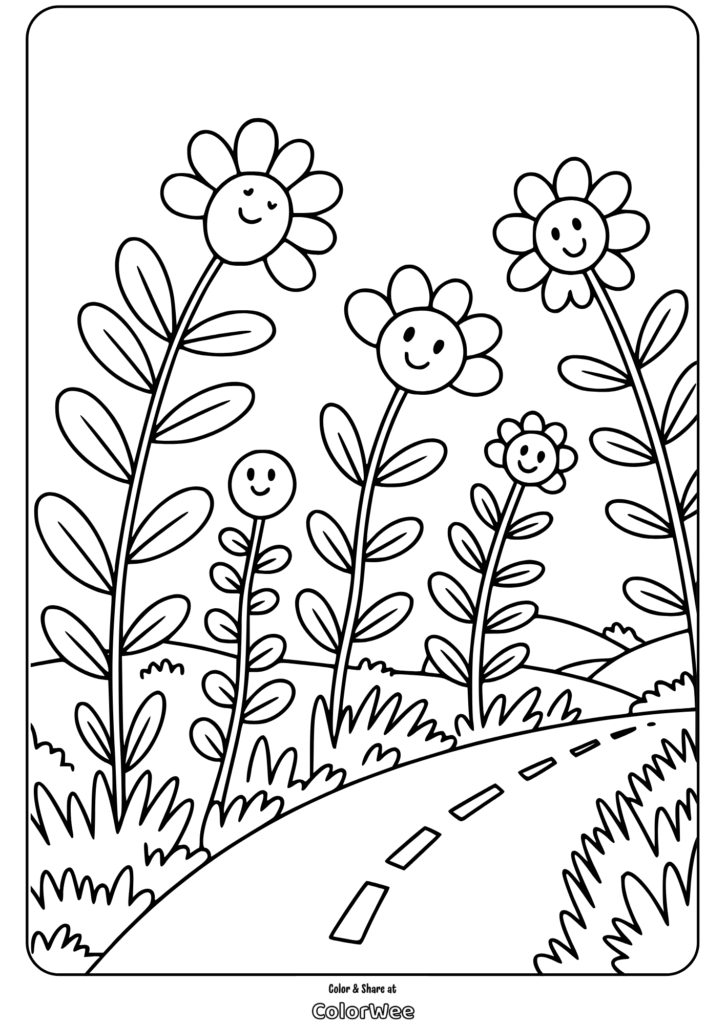 plant doodles country road coloring page Smiling flowers along a winding path coloring page.